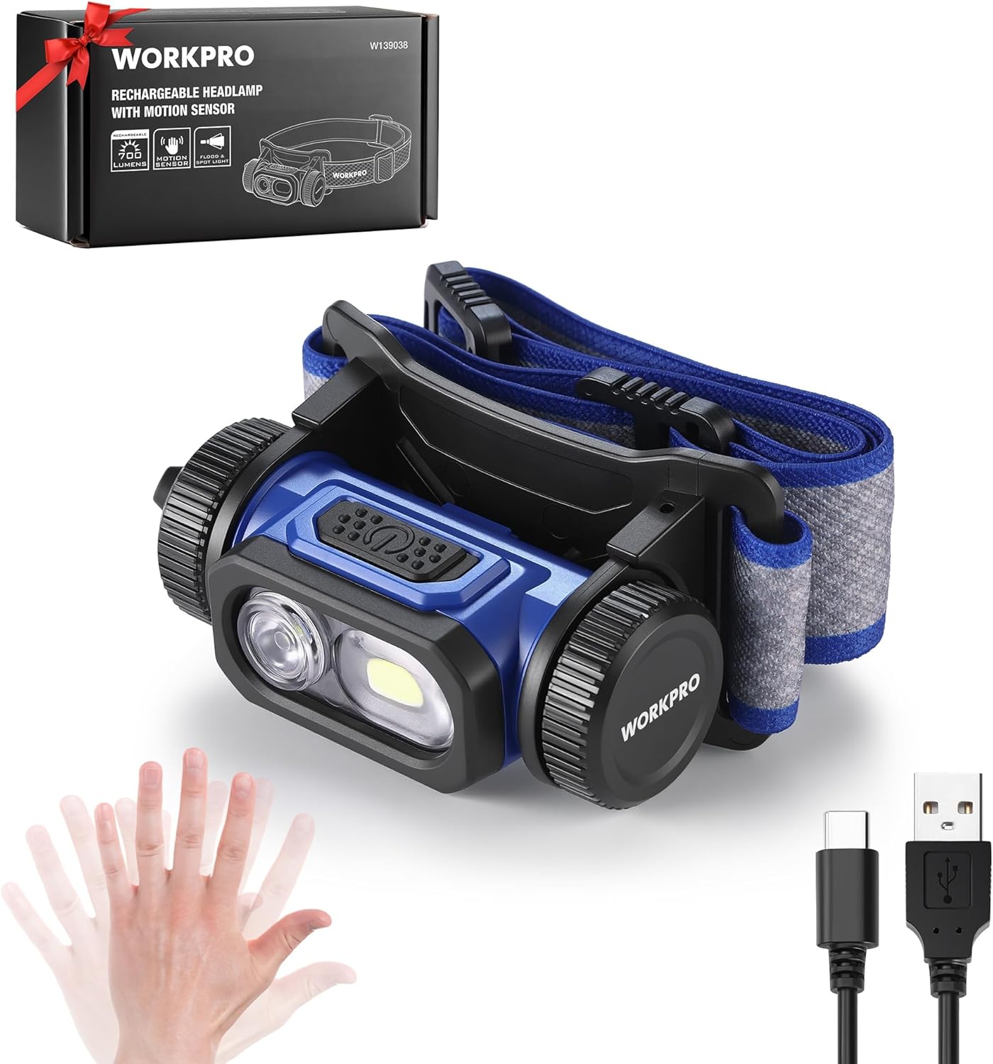 Blue and black rechargeable LED headlamp with adjustable strap and front spotlight