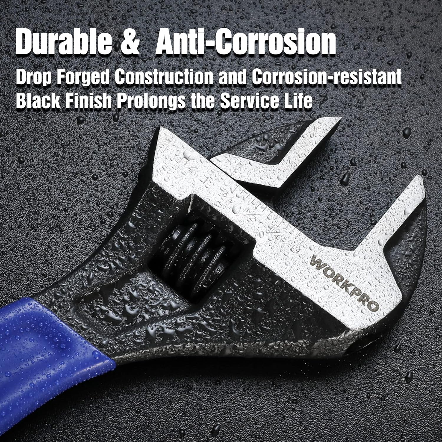 Adjustable wrench with black oxide finish and anti-corrosion grip on blue handle
