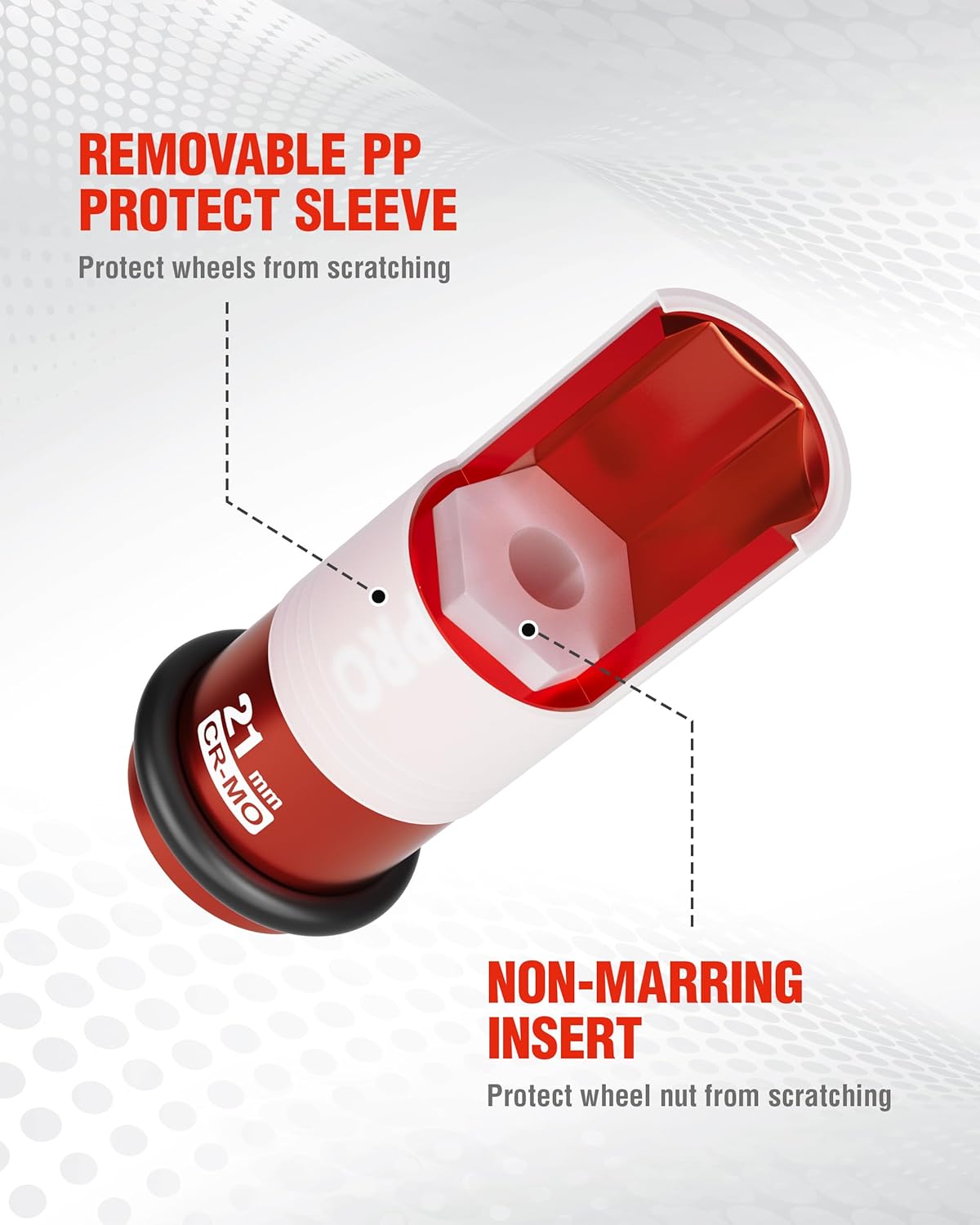 Non-marring insert lug nut socket with removable PP protect sleeve, 21 mm