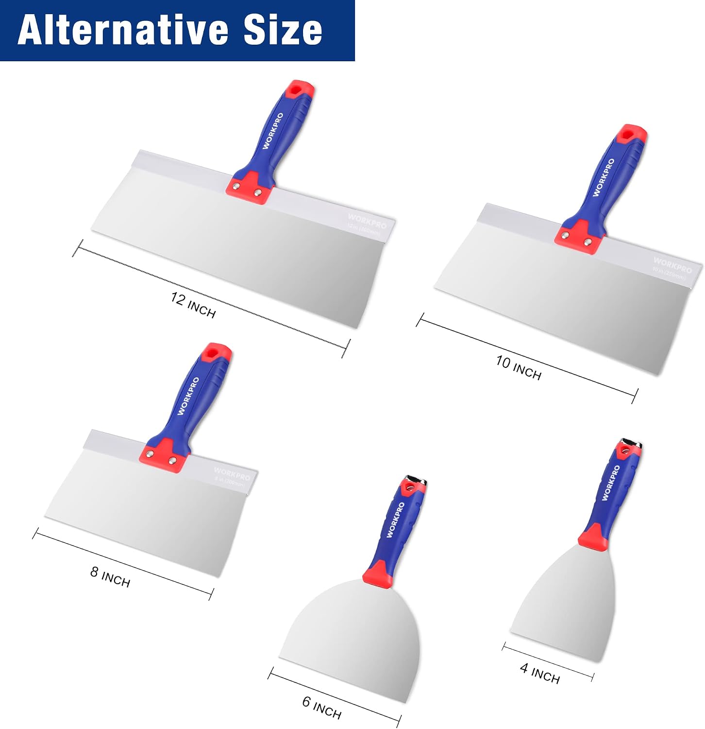 Taping knife set with 4, 6, 8, 10, and 12 in blades and blue handles