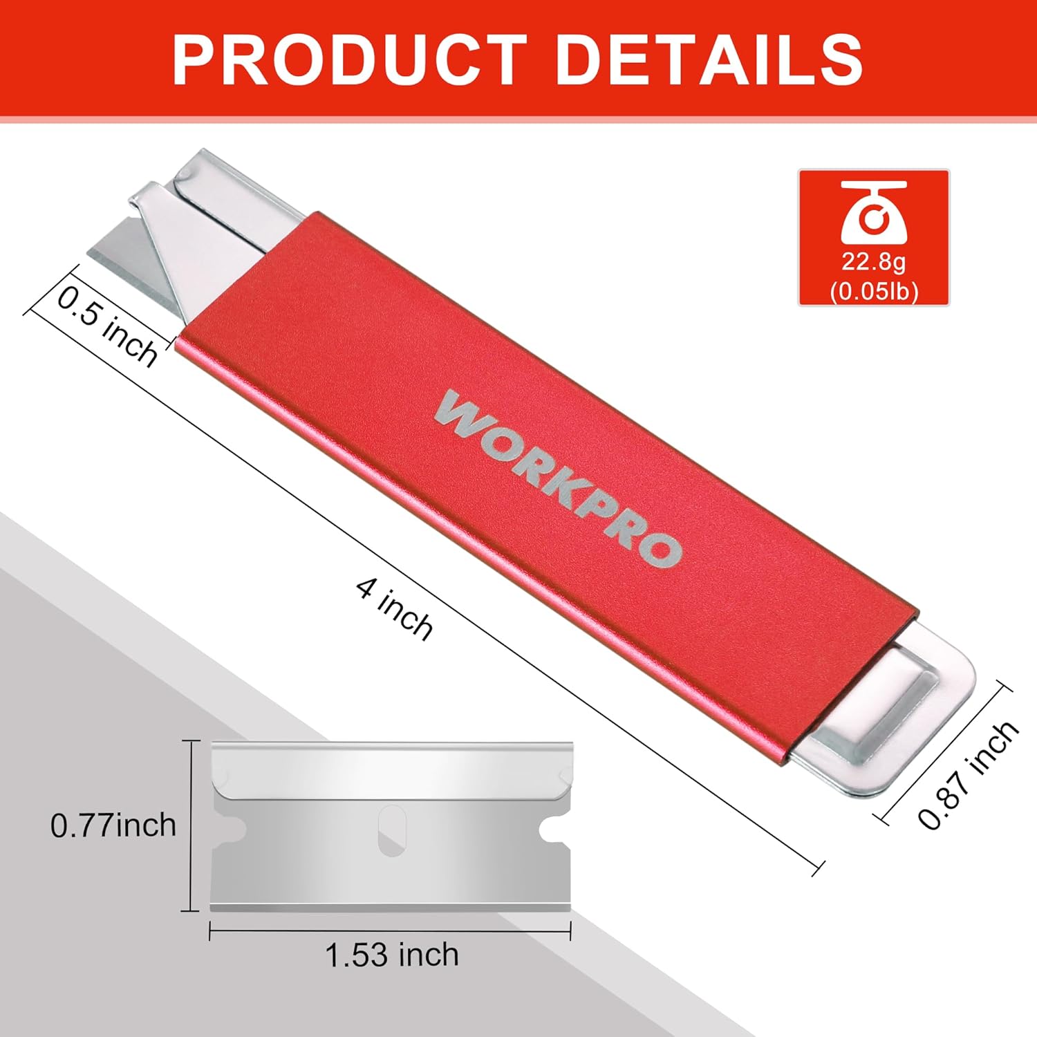 Red WORKPRO retractable utility knife with metal sheath and single-edge blade holder