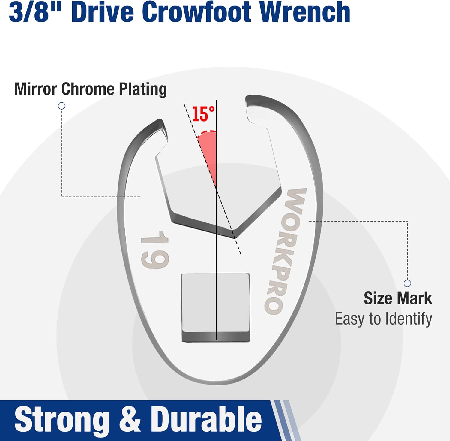 3/8 in drive crowfoot flare nut wrench, chrome-finished, 15° angle reference