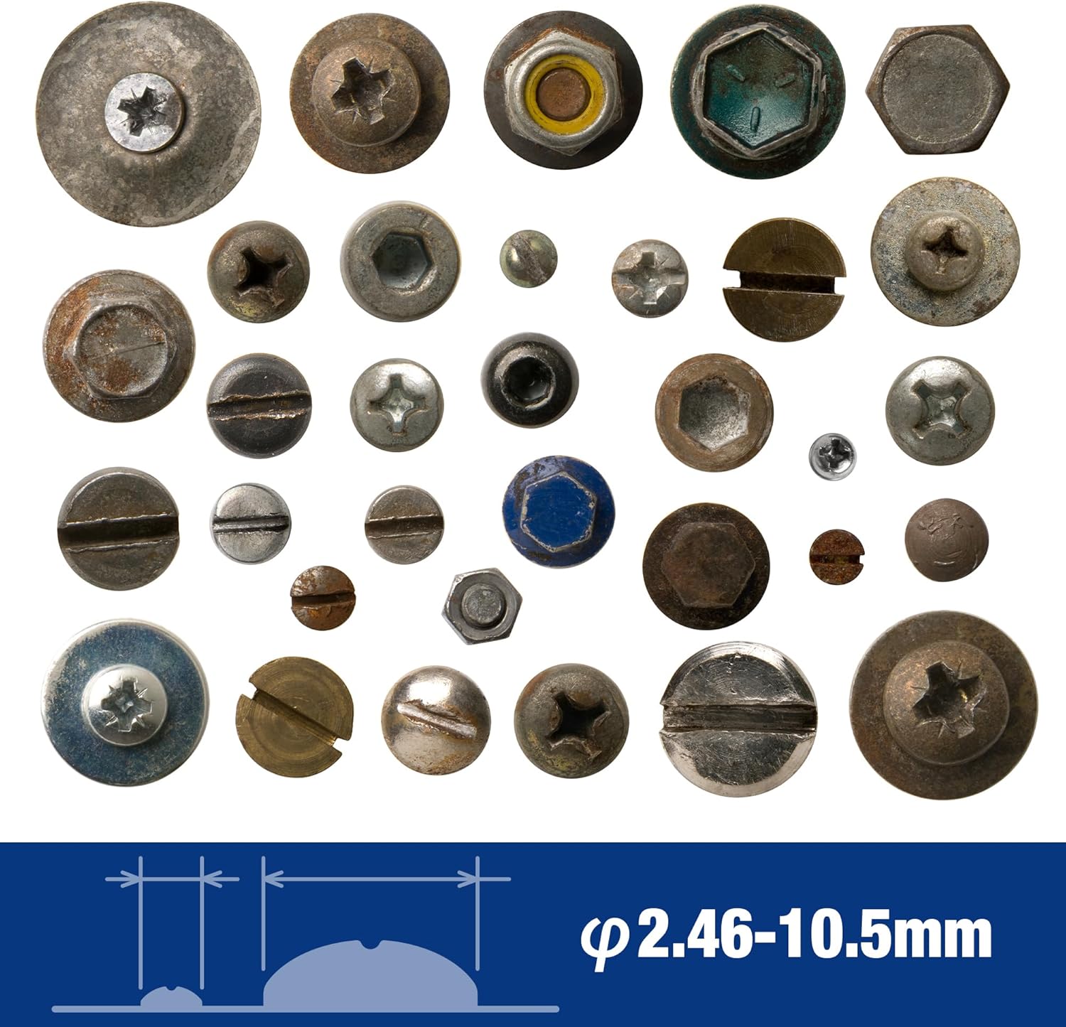 Assorted damaged screw and bolt heads with mixed finishes for extractor fit