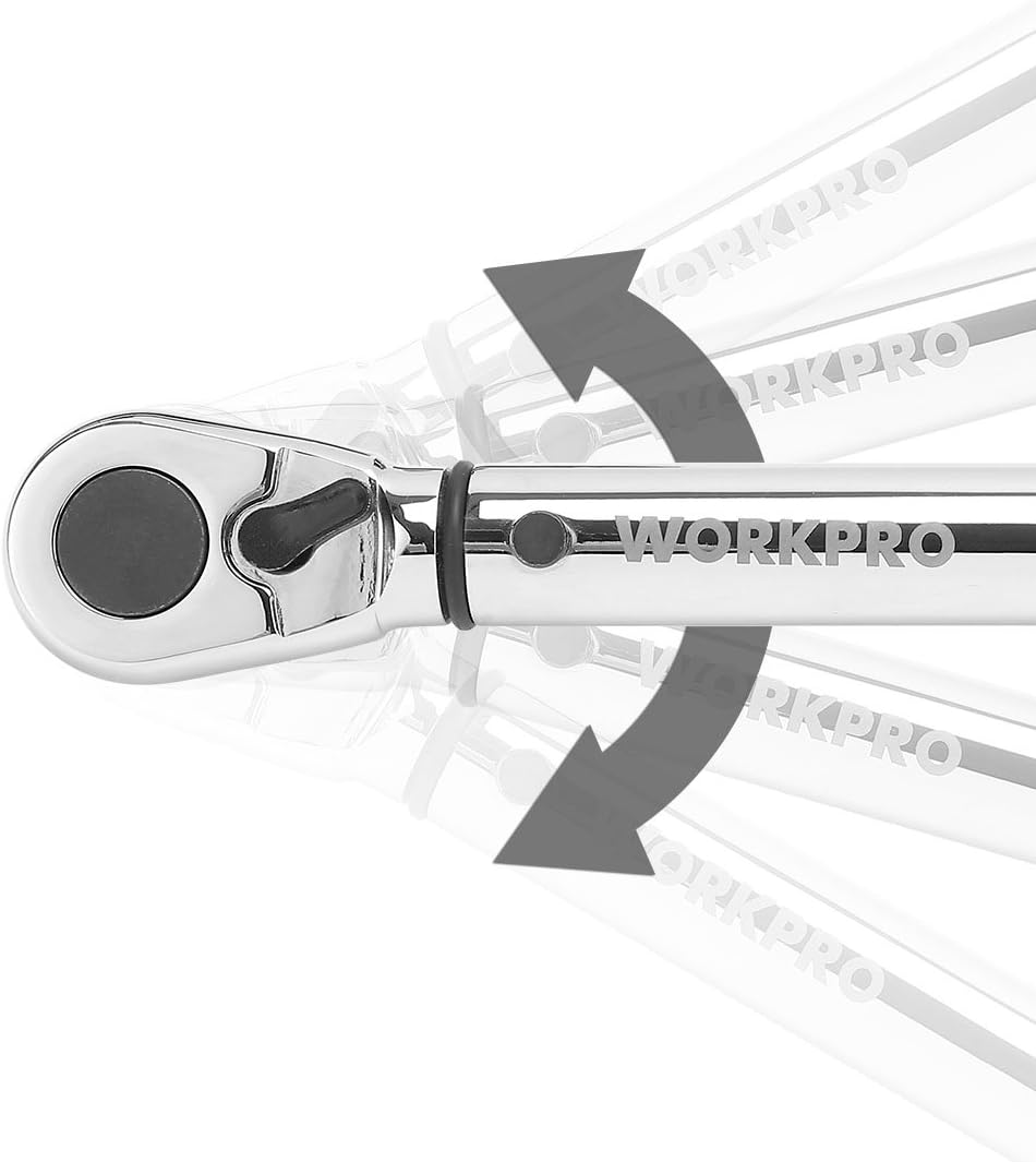 Ratchet torque wrench head with ergonomic grip, silver metal finish.