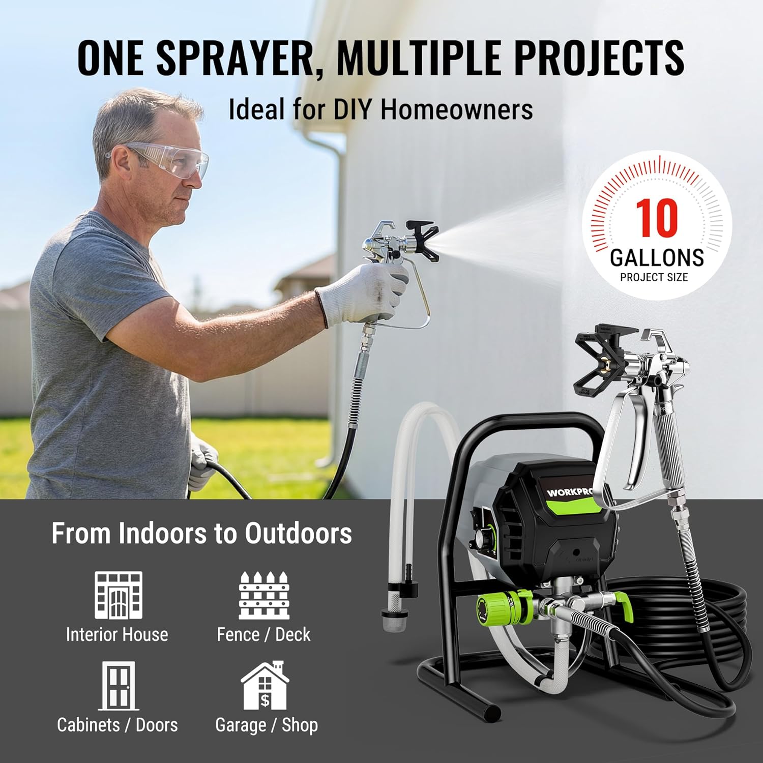 Airless paint sprayer kit with spray gun, hose, and base unit with green accents