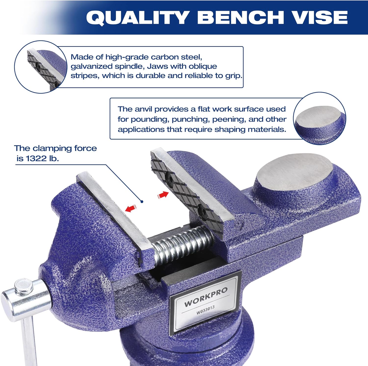 WORKPRO blue bench vise with knurled anvil face and threaded clamp screw