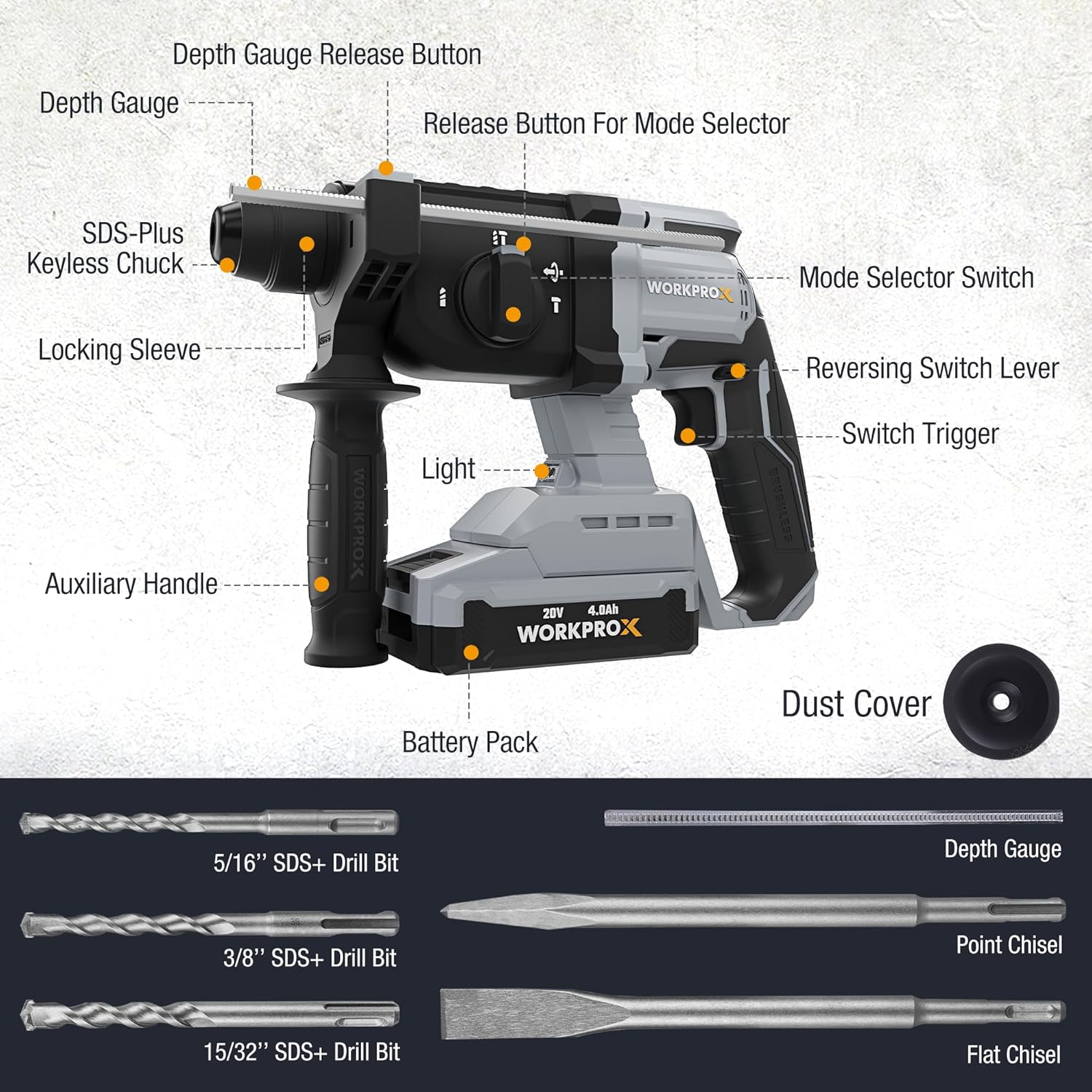 Cordless rotary hammer drill with depth gauge, mode selector, and auxiliary handle