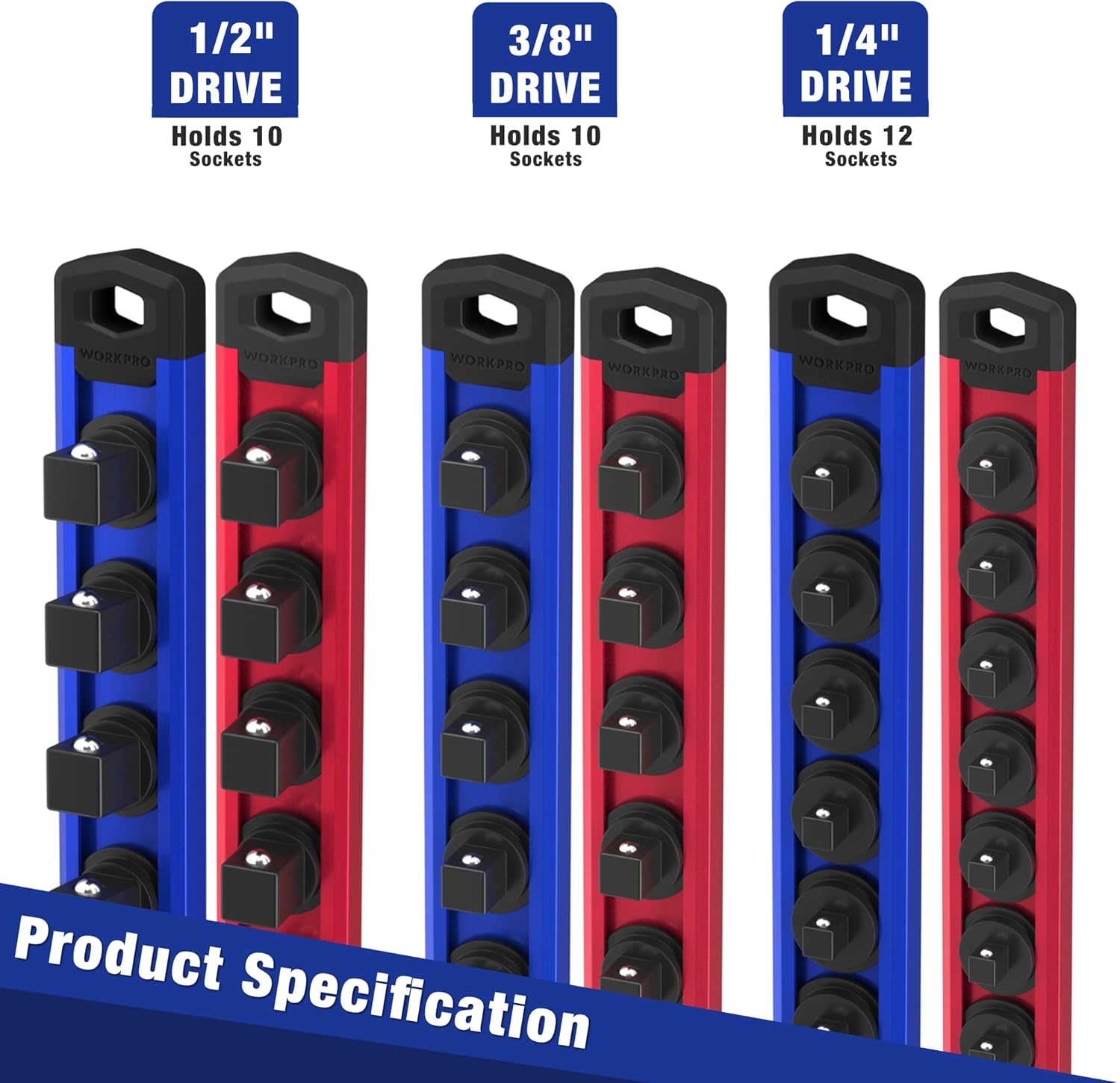 Product specification display of three socket rail sizes with drive holders