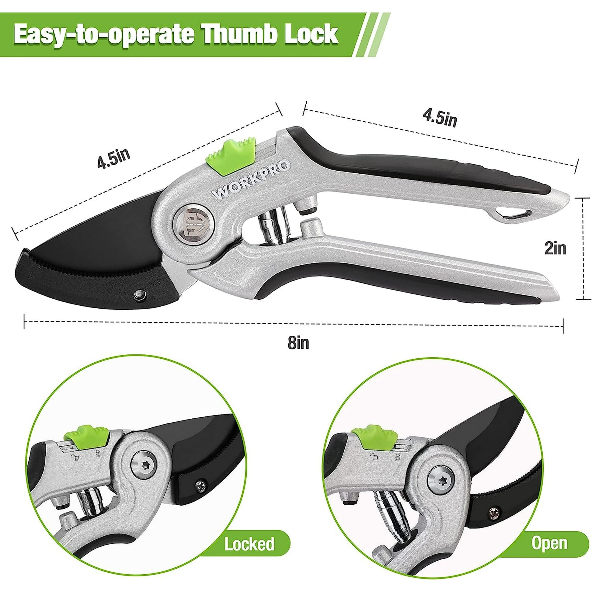 Anvil pruning shears with 8-inch frame and thumb lock in open/locked view