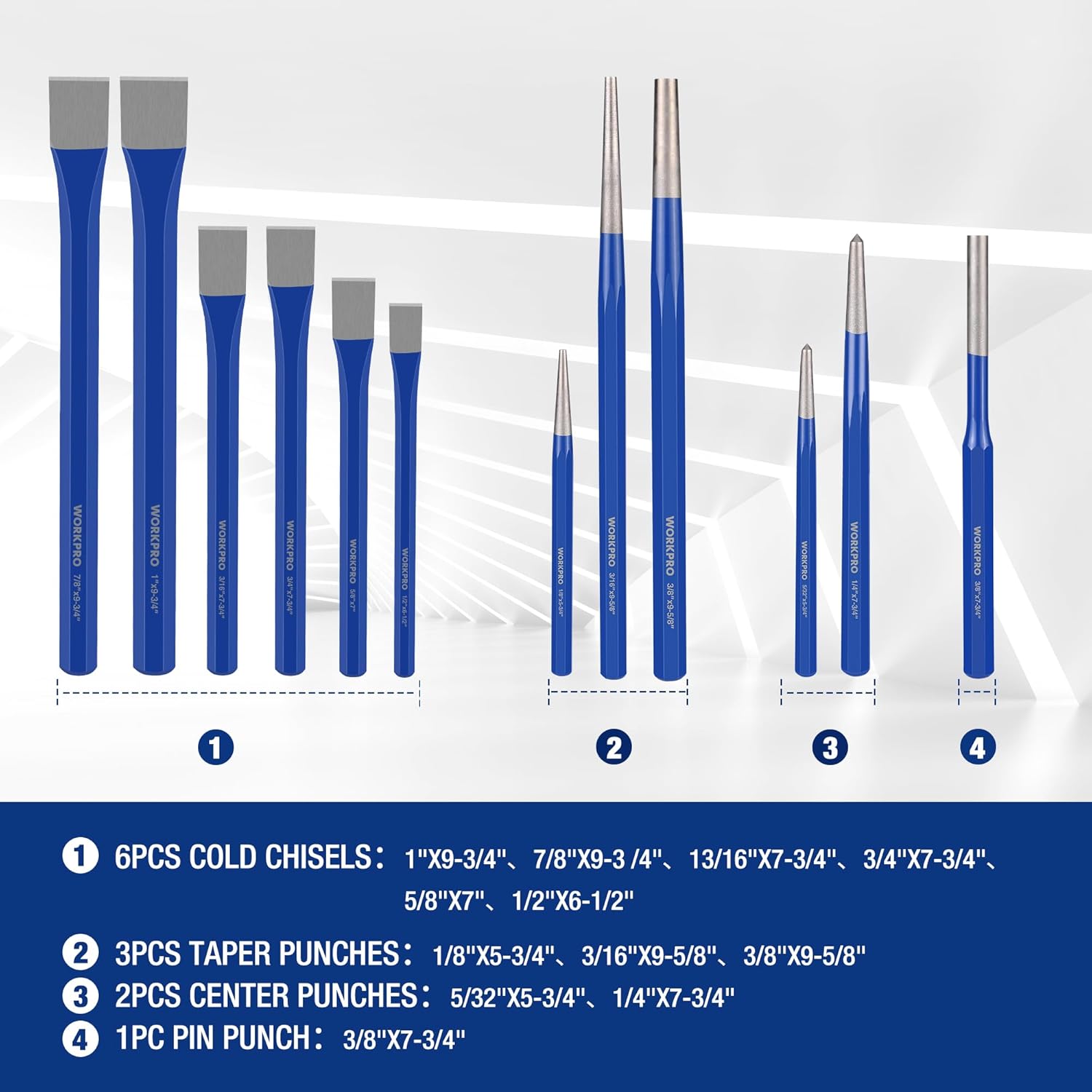 Punch and chisel set with blue grips and steel tips, arranged in a row.