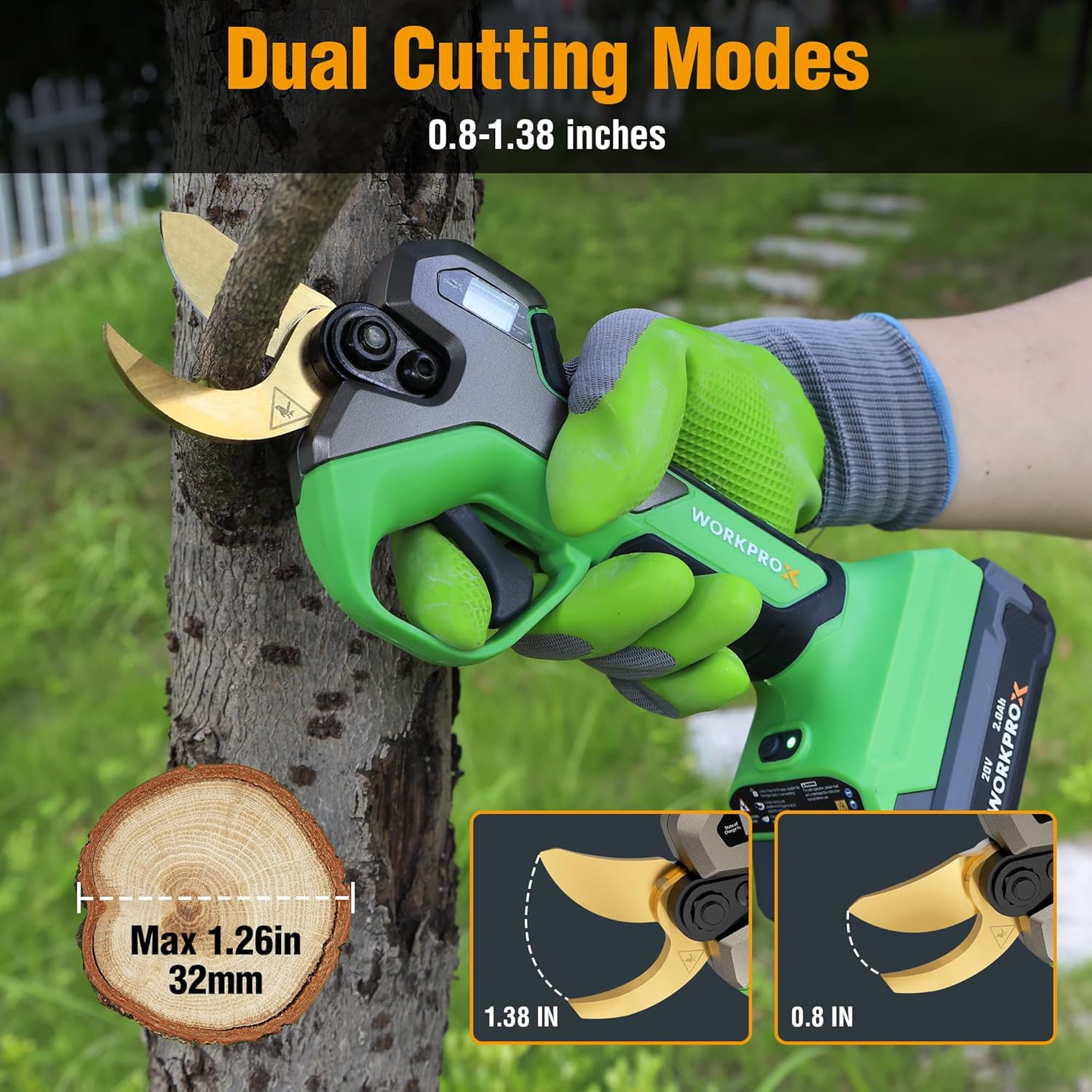 Green electric pruning shears with dual cutting modes cutting a branch; gloved hand grip