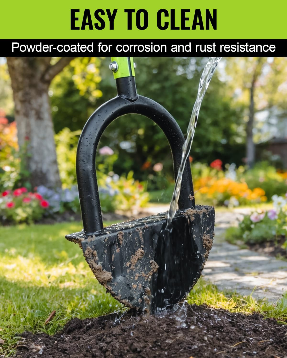 Manual lawn edger with black blade cutting into soil while held by handle