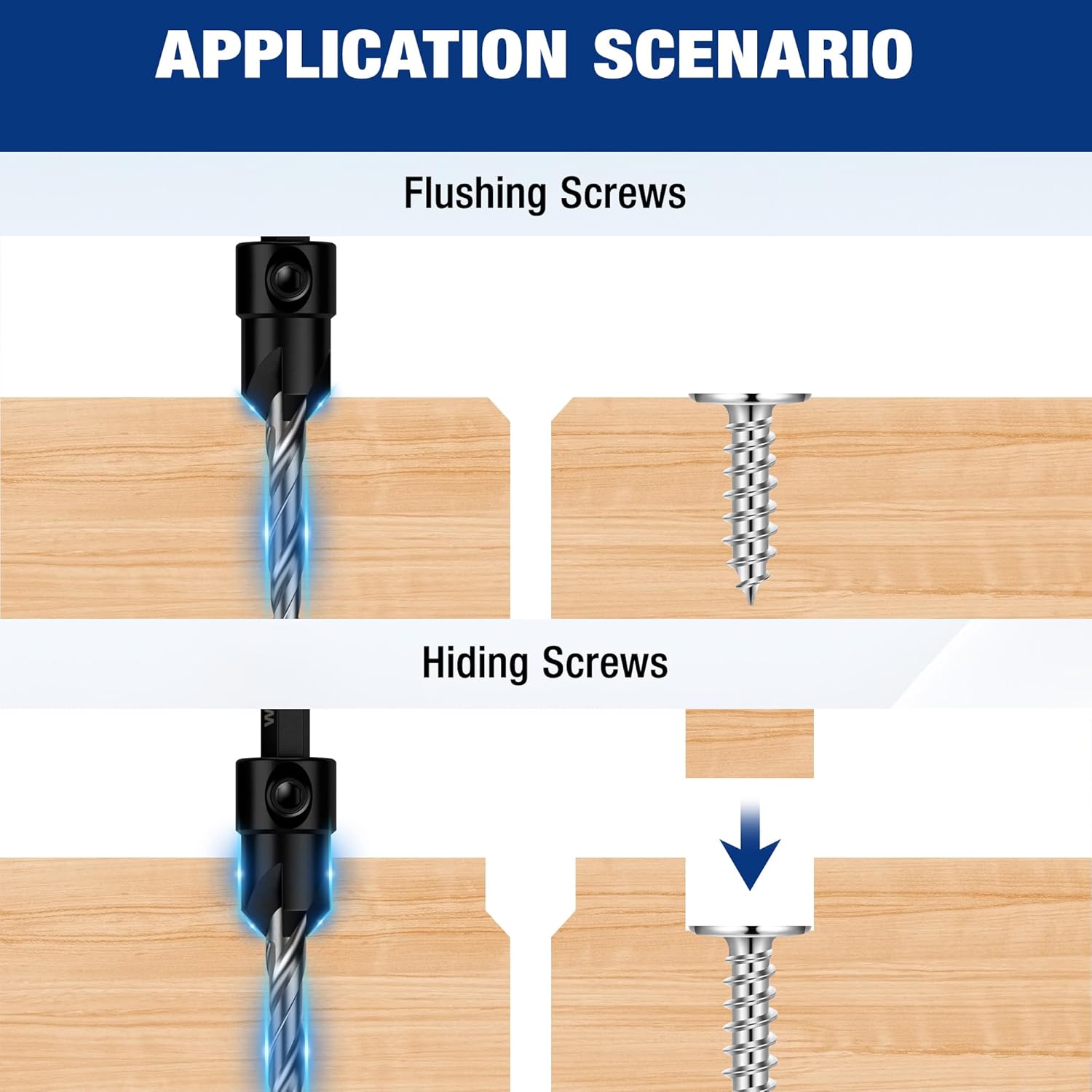 Countersink drill bit drilling flush and countersunk screw holes in wood