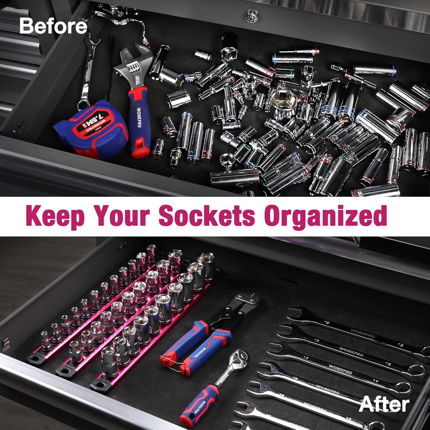 Magnetic socket organizer with rose red rail, black clips, and chrome sockets arranged