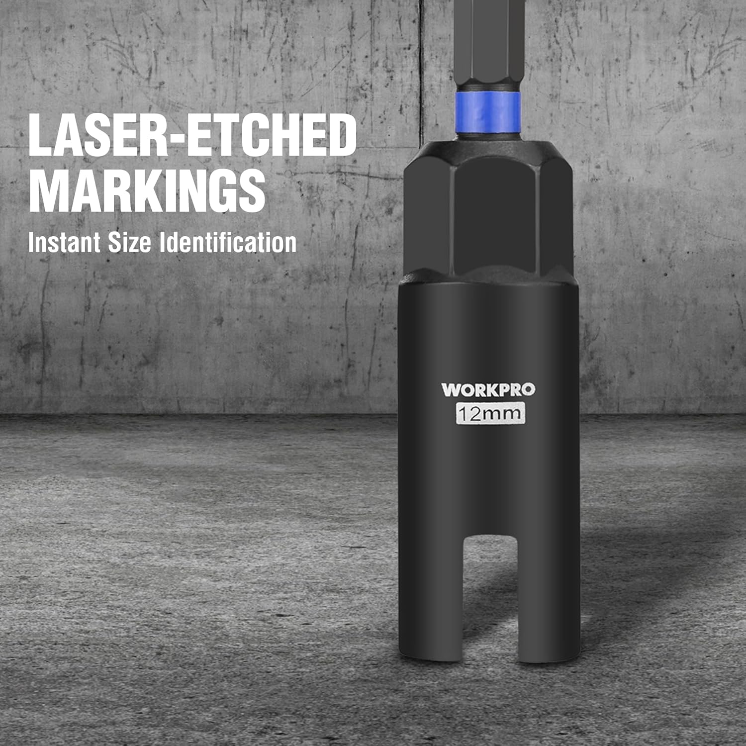 12mm wing nut driver bit with laser-etched markings, black body and blue collar.