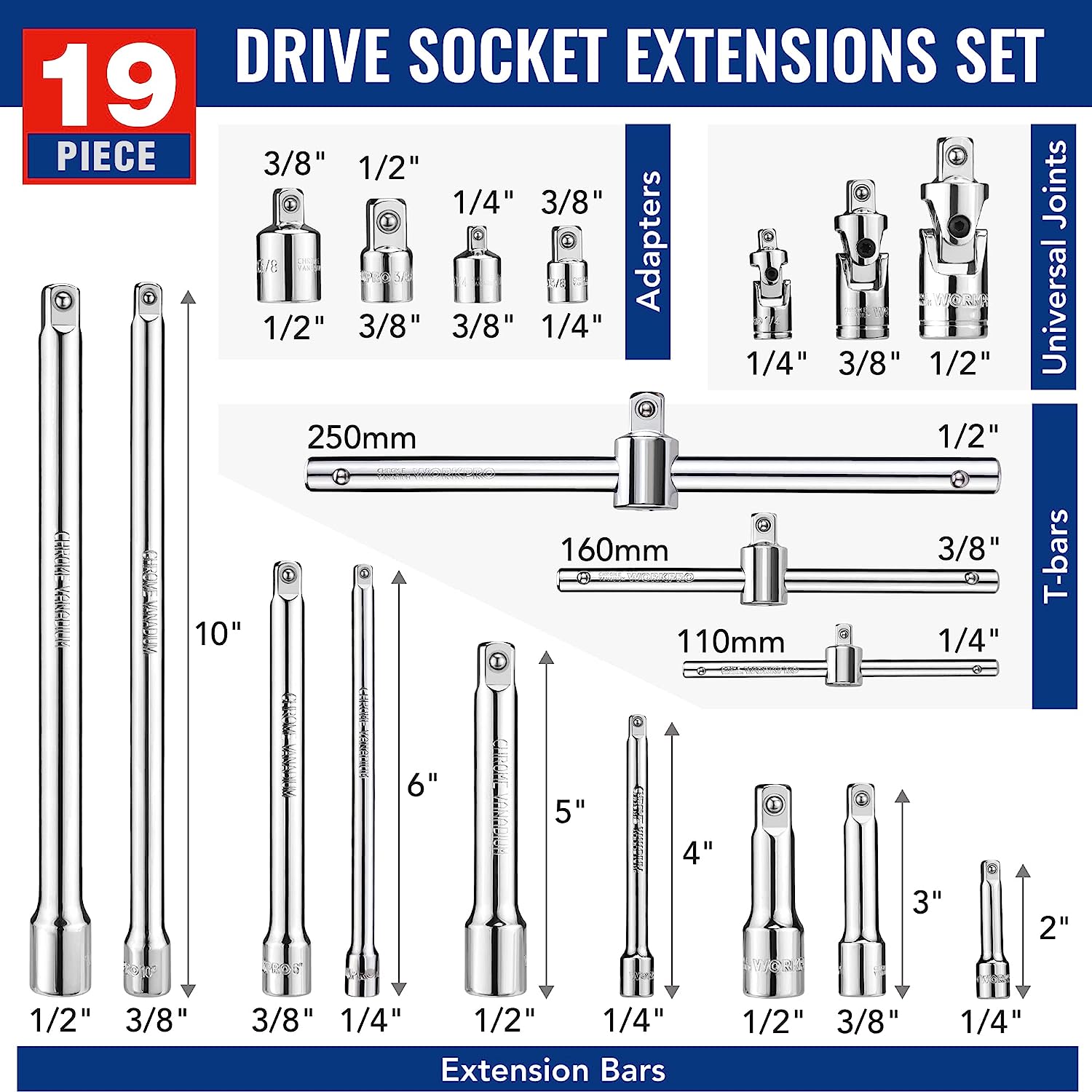 19-piece drive socket extension set with adapters, universal joints, and T-handle wrench