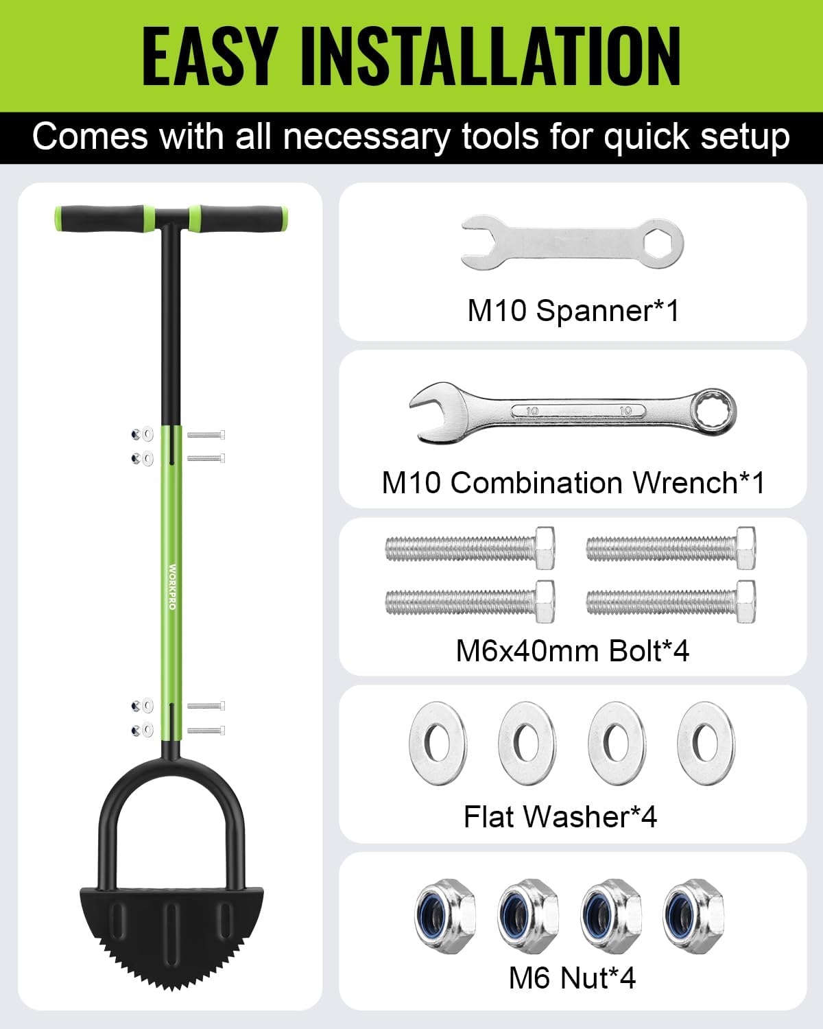 Manual lawn edger with included hardware tools: wrenches, bolts, washers, nuts