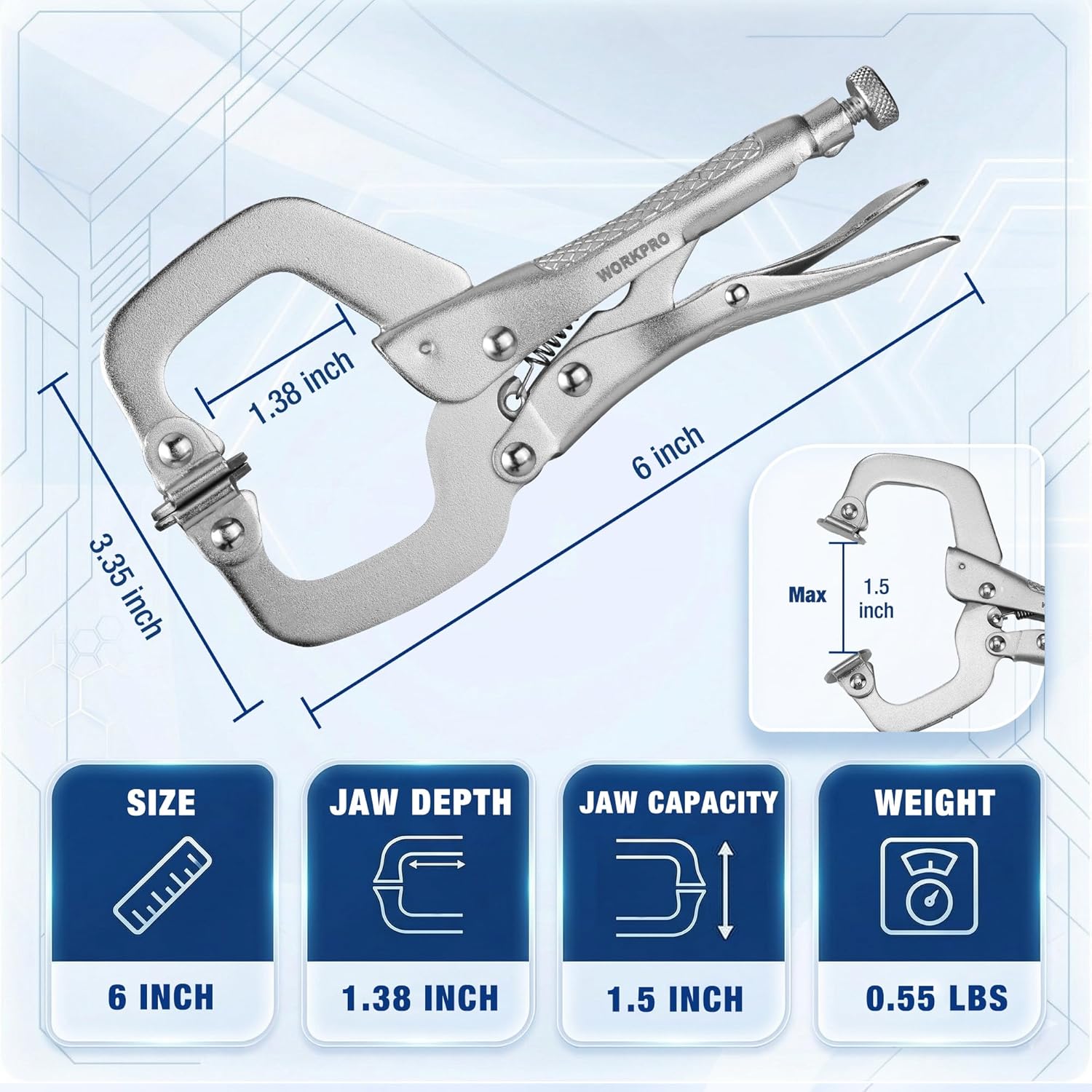 6 in swivel-pad C-clamp with gray steel body, visible jaw opening and screw length