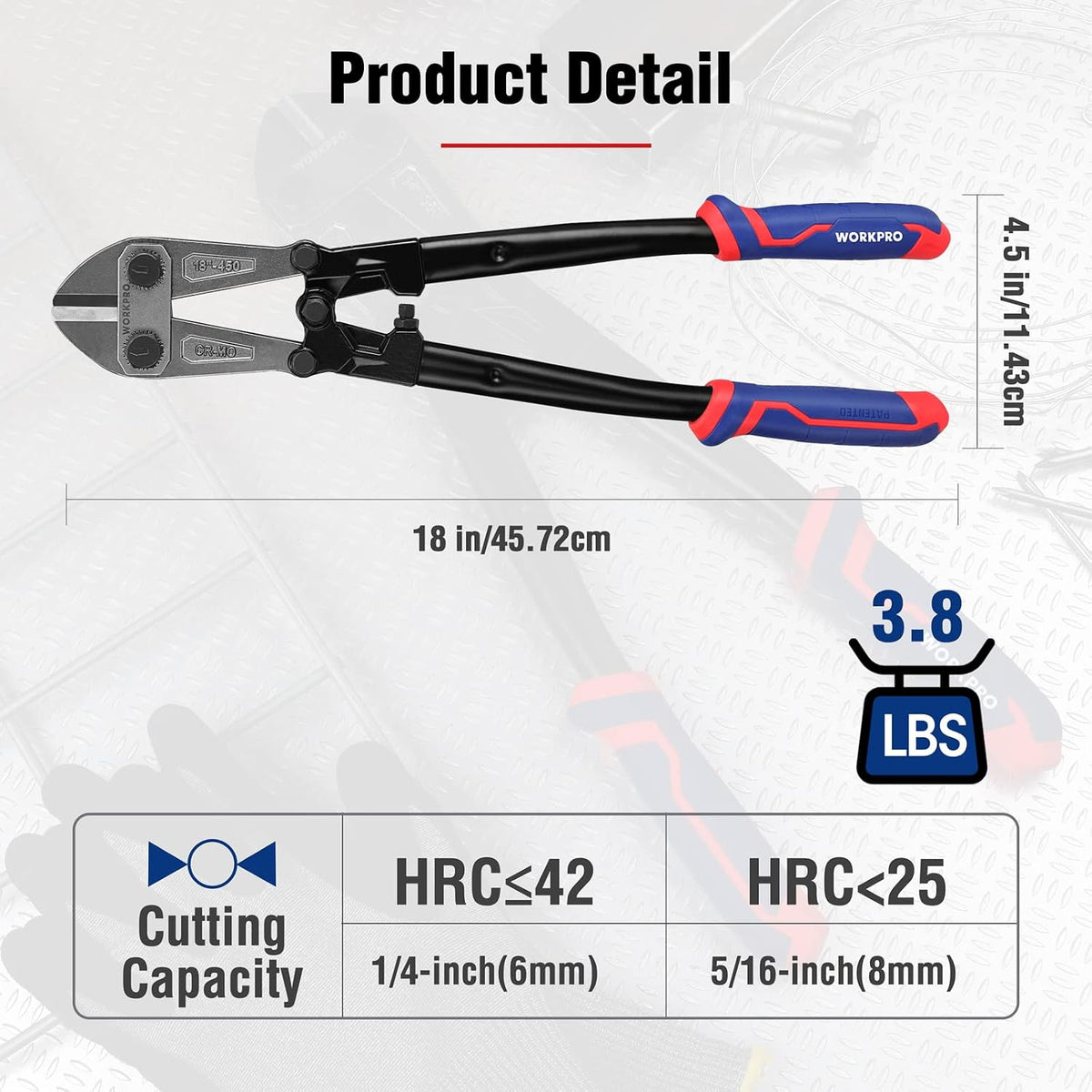 WORKPRO 18" Bolt Cutter, Chrome Molybdenum Steel Blade, Heavy Duty Bolt Cutter with Soft Rubber Grip, Cutting Tool for Cut Chain, Wire, Screw, Rivet, Black,blue,red