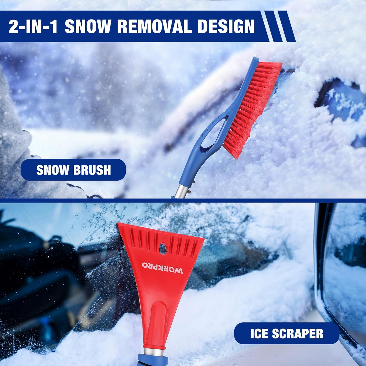 2-in-1 snow brush with red bristles and blue handle, plus ice scraper head
