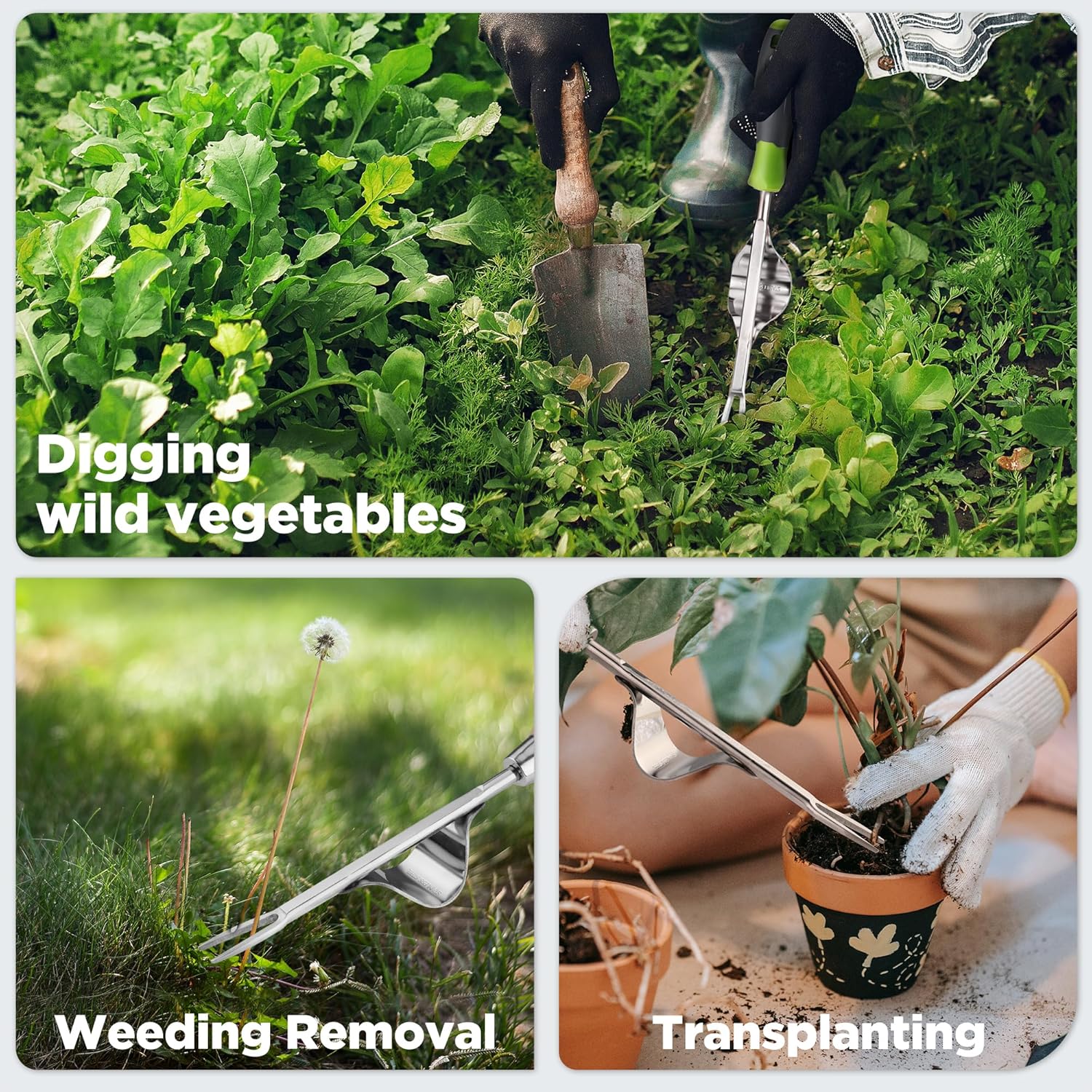Manual hand weeder with V-shaped fork digging in a green garden bed