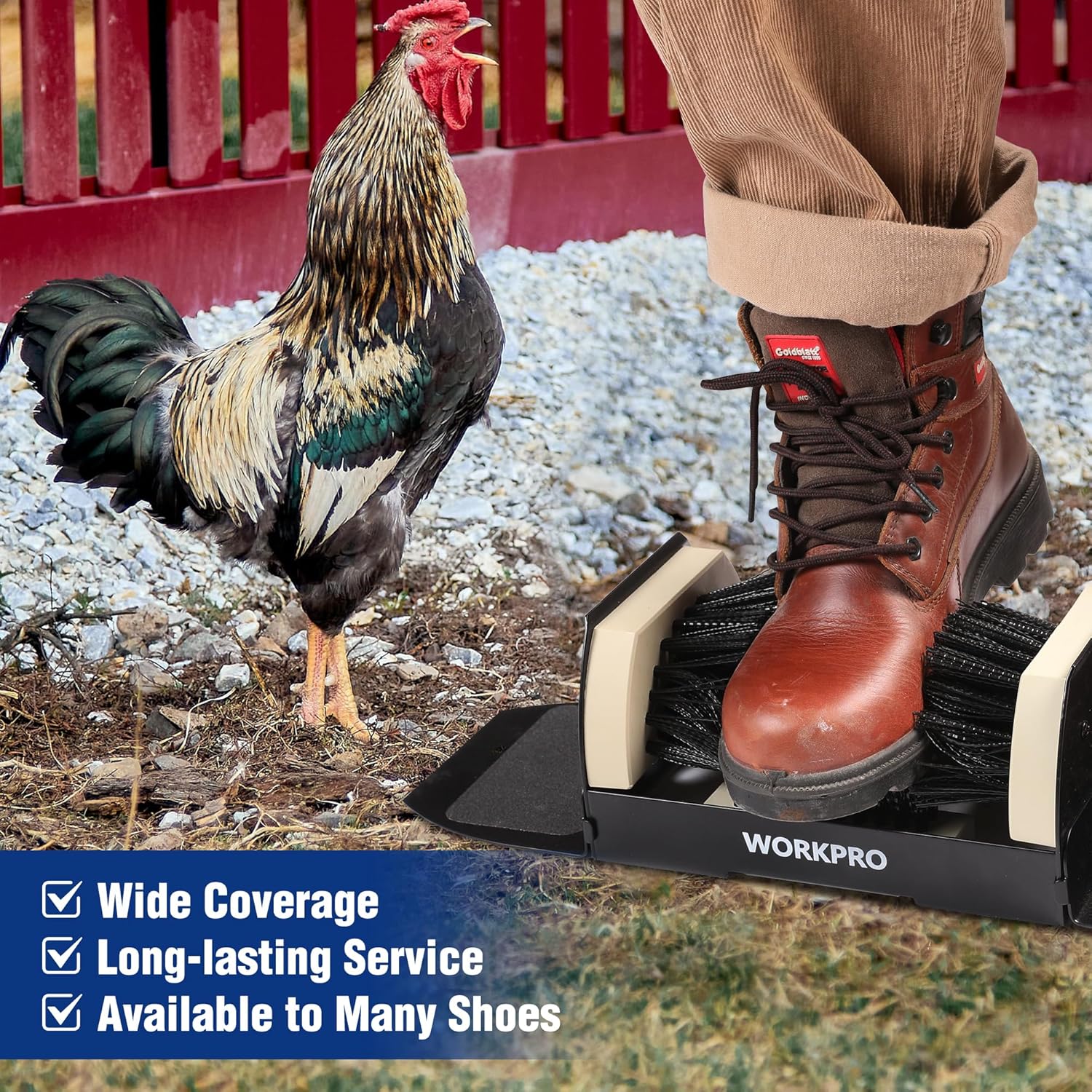 Boot scraper brush with black bristles holding a brown work boot for cleaning outdoors