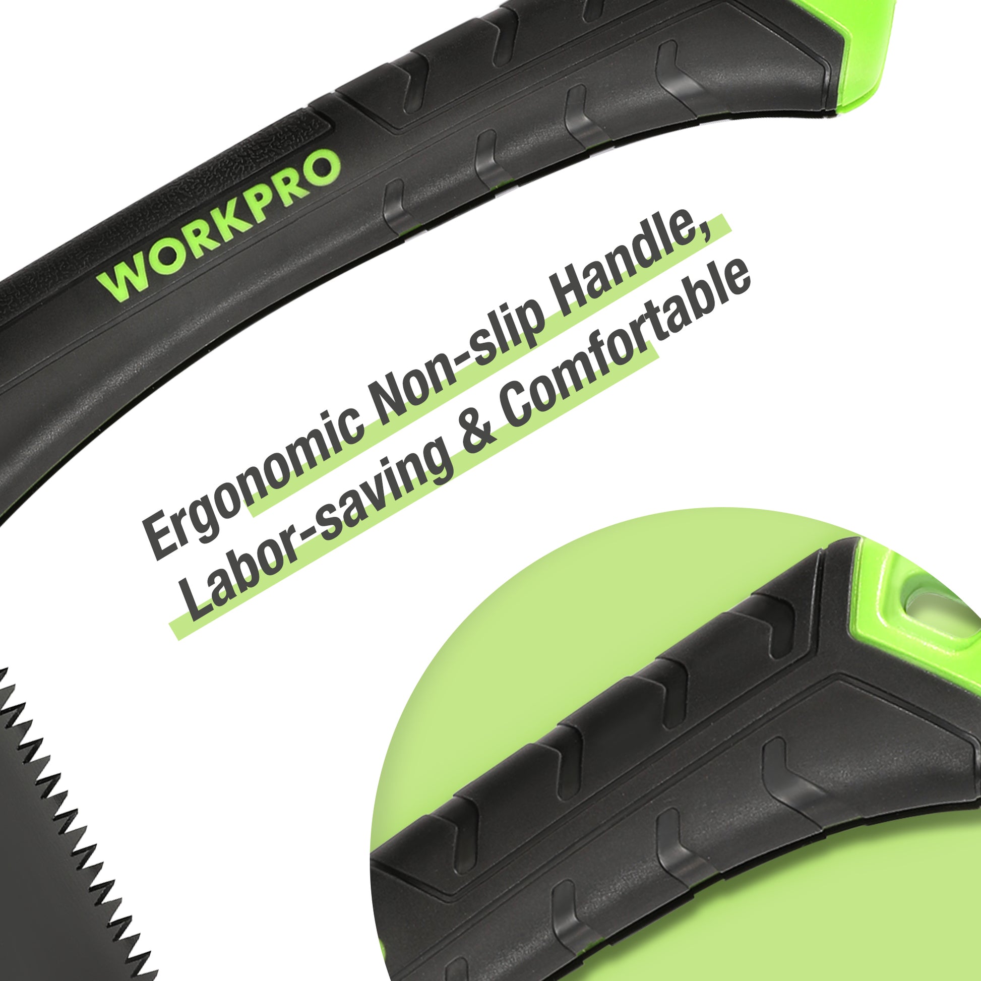 Ergonomic no-slip folding pruning saw handle with green accents and black grip