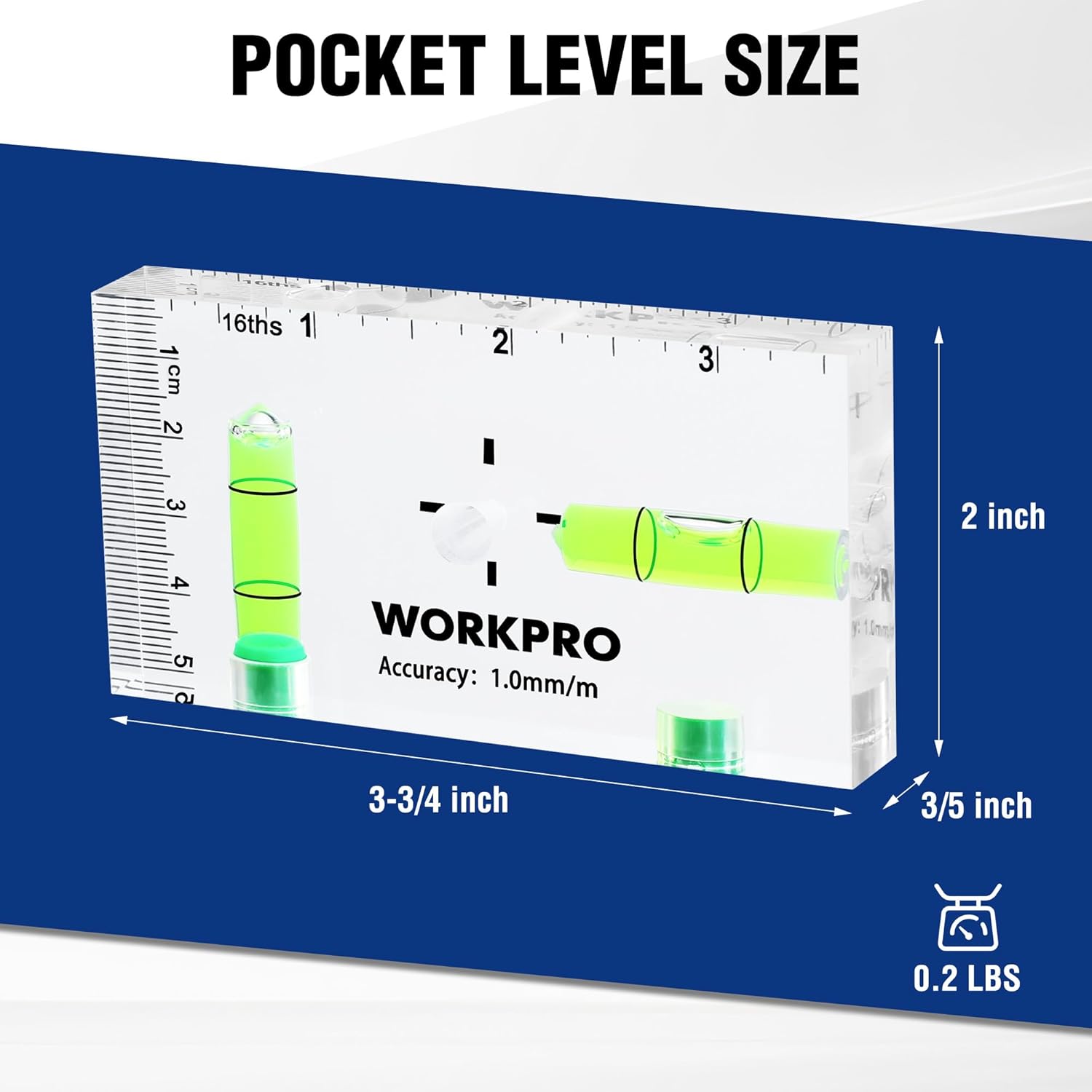 Magnetic pocket level tool with green vials and inch scale, 90°/180° bubbles