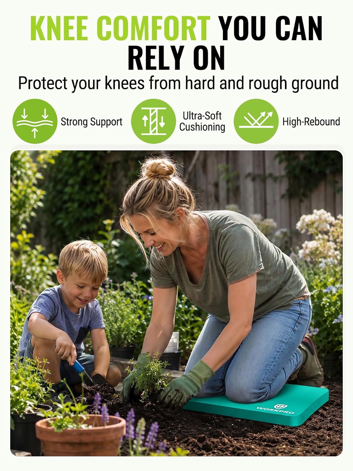 Teal kneeling pad for gardening and workouts, textured bottom soft foam cushion