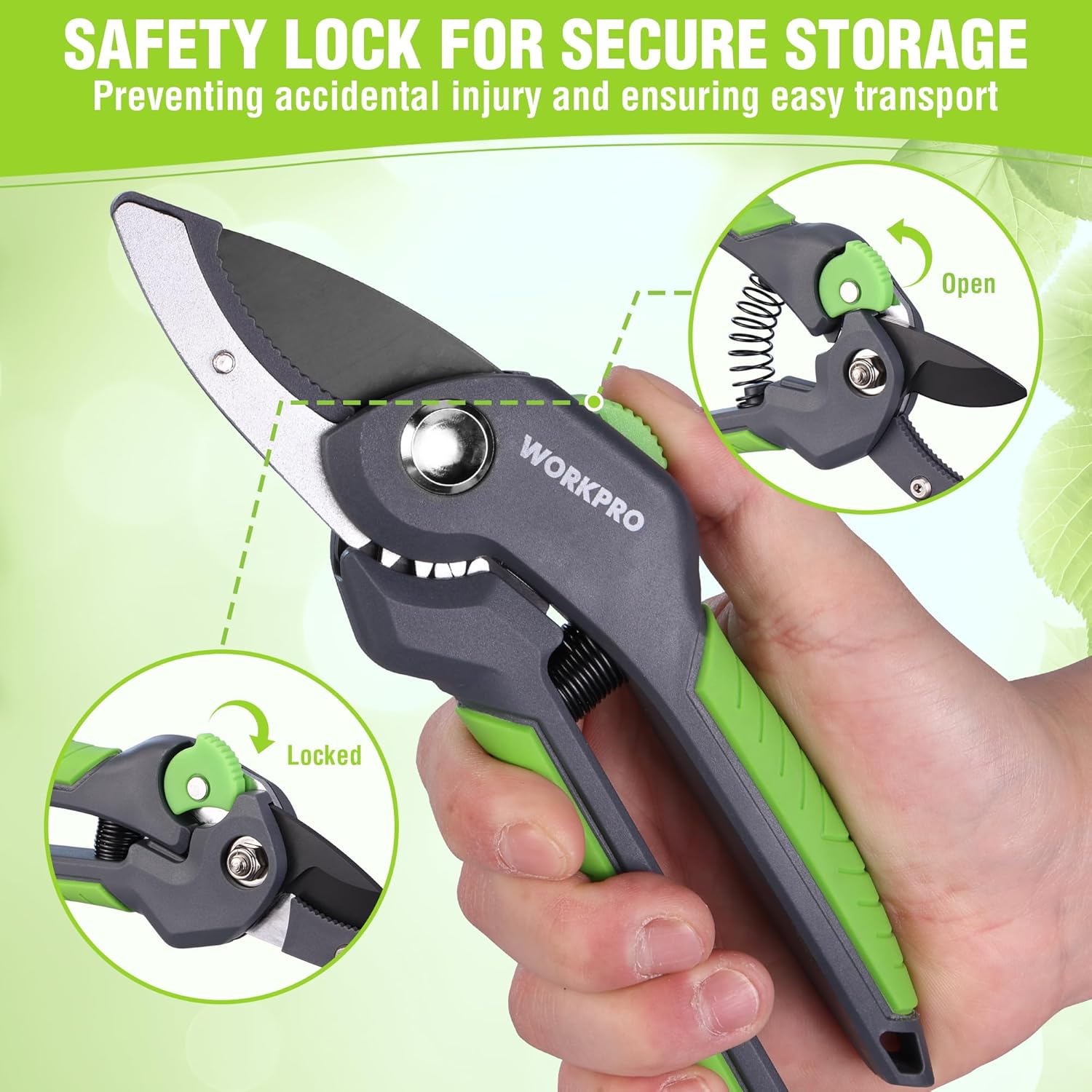 WORKPRO pruning shear with safety lock for secure storage; green and black handles