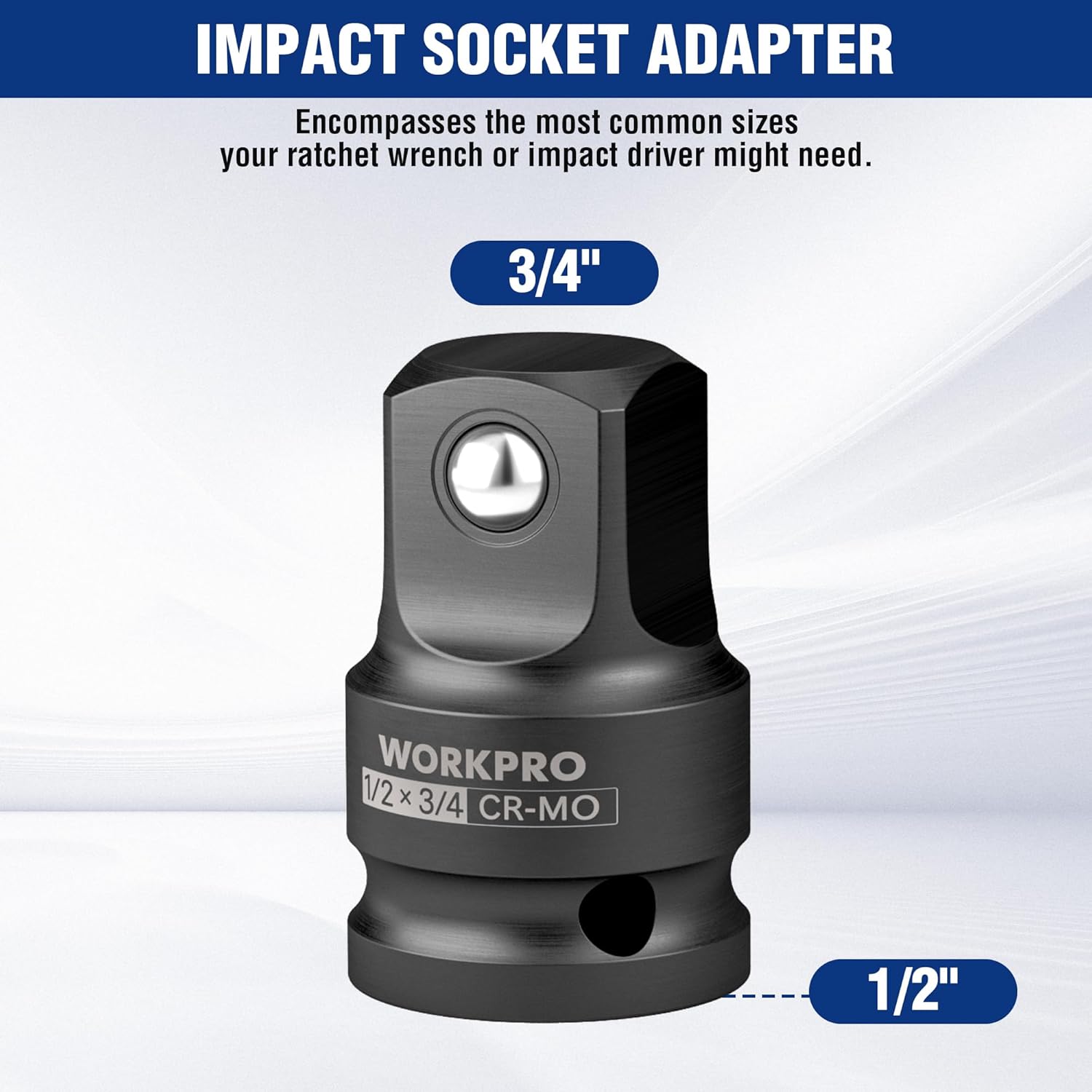 WORKPRO impact socket adapter, 1/2 in to 3/4 in, CR-Mo steel, square drive reducer