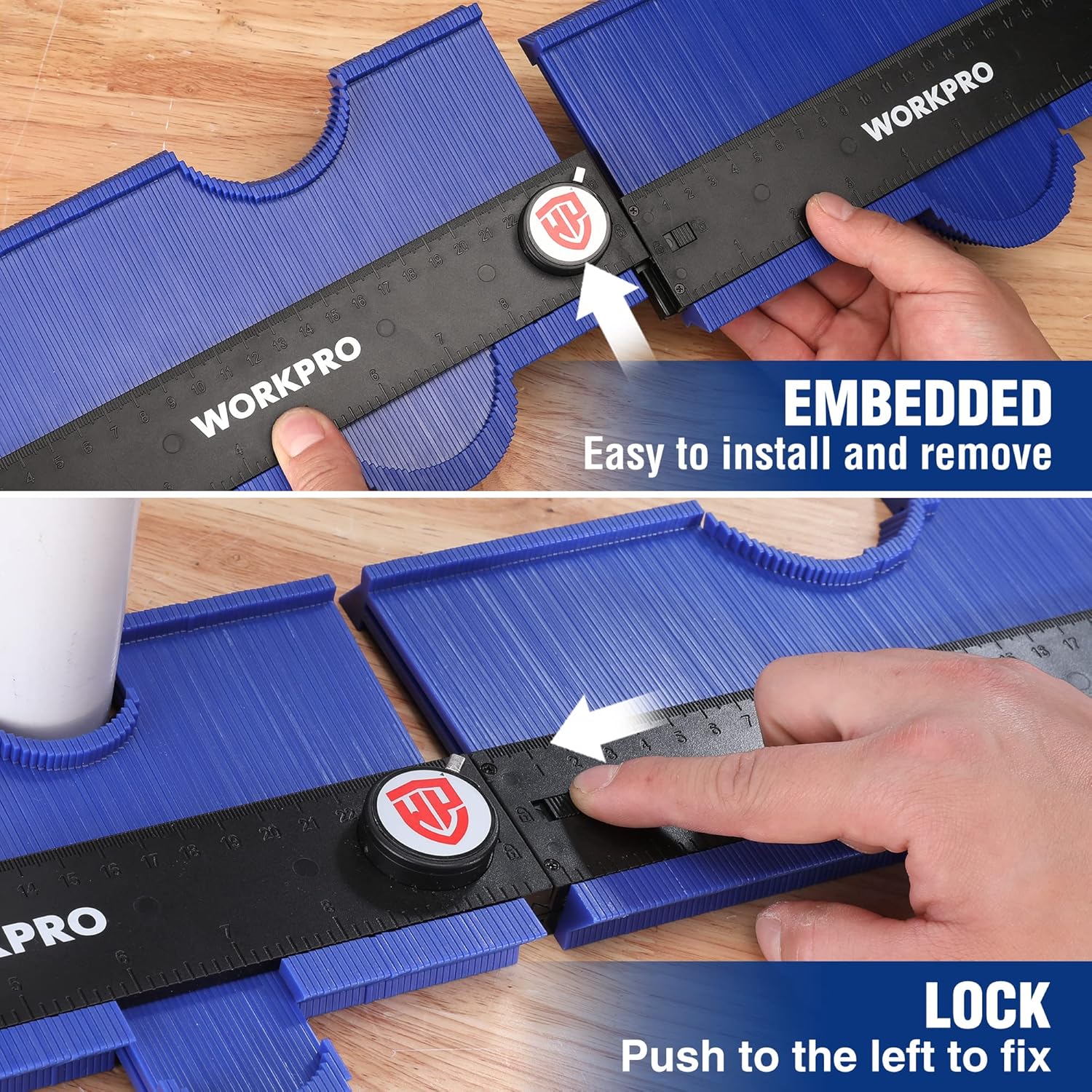 Blue contour gauge with black base plate and embedded lock, held by hand for measuring