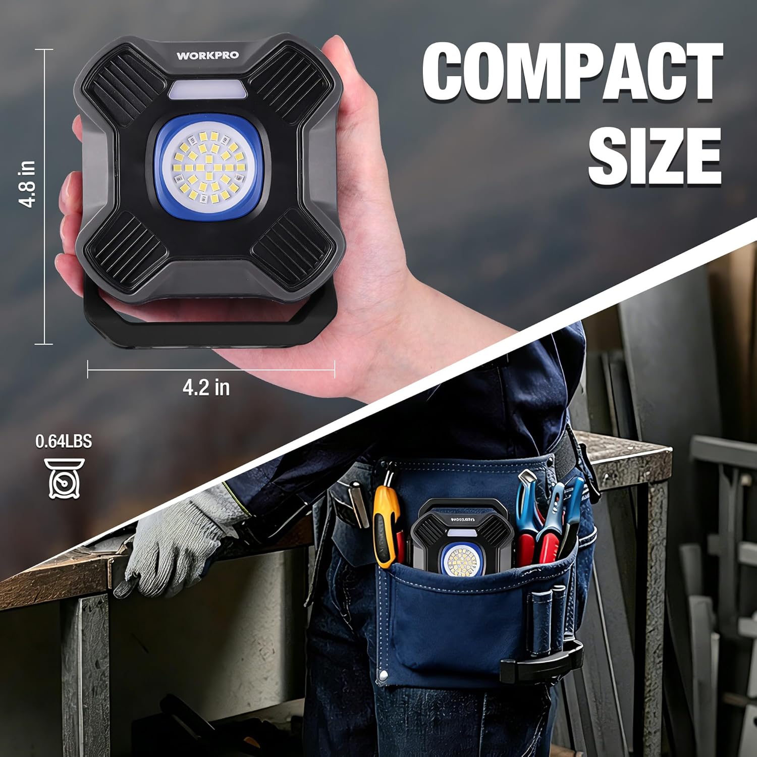 Compact portable LED work light with blue-ring lens, held in hand and clipped to belt