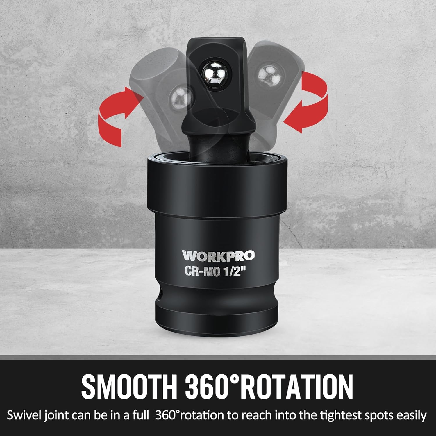 Black swivel socket adapter with smooth 360° rotation and CR-MO 1/2 in drive marking