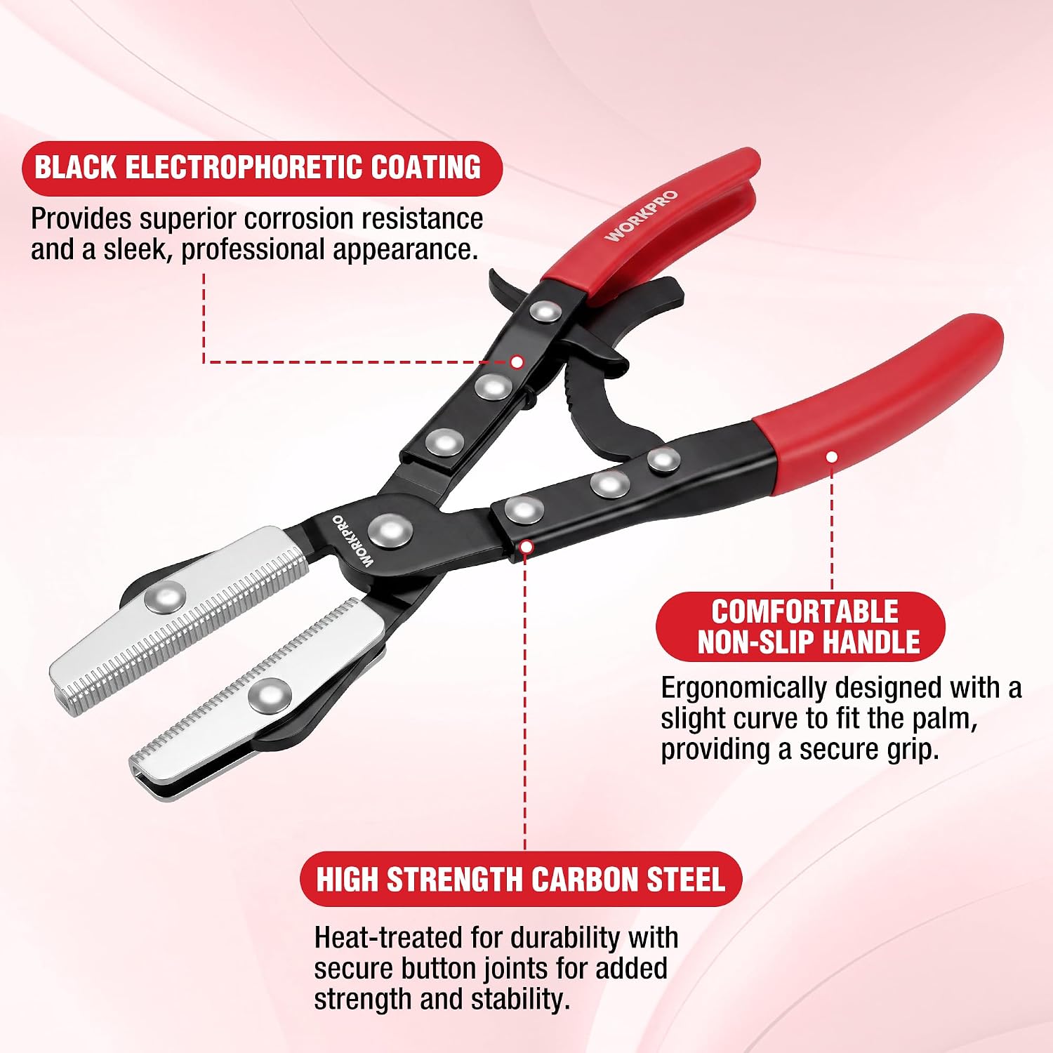 Comfort-grip ratcheting hose pinch pliers, black with silver clamp jaws and red handles