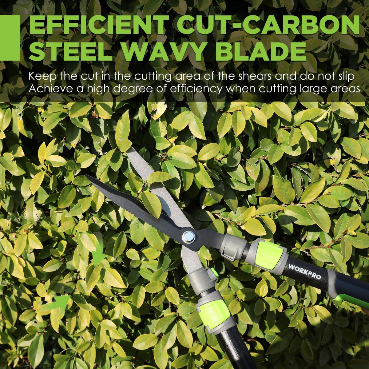 Manual hedge trimmer with silver wavy blade cutting through green shrubs