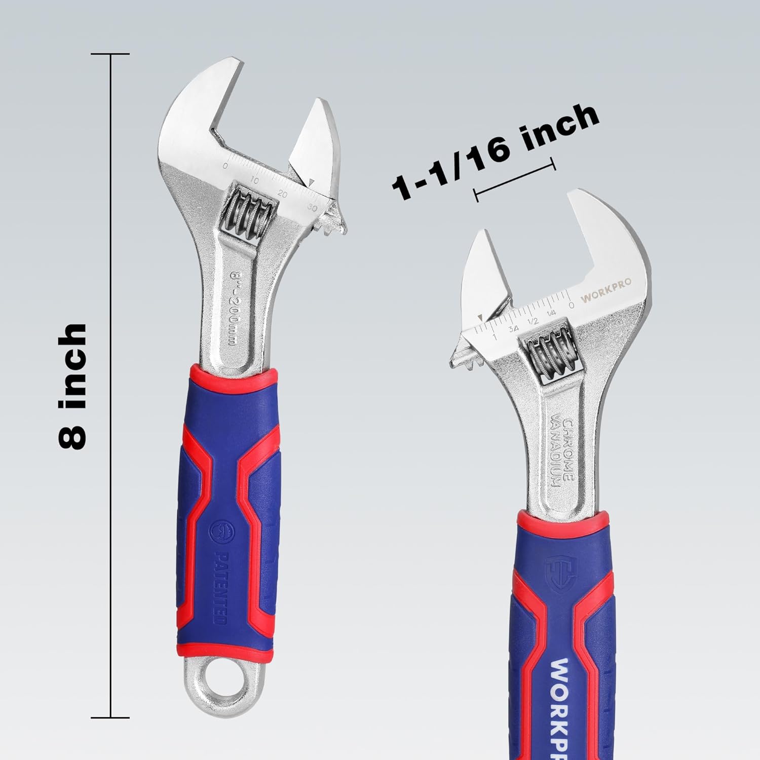 8-inch adjustable wrench with wide jaw opening, blue/red anti-slip TPR grip, chrome finish