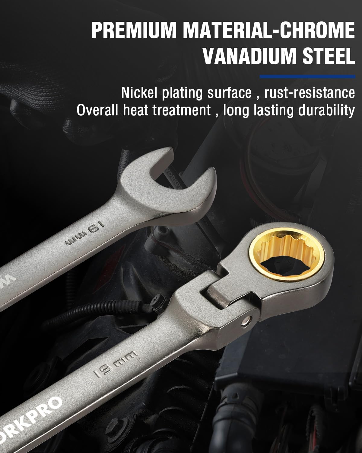 19 mm flex-head ratcheting combination wrench with nickel-plated finish, open-end detail