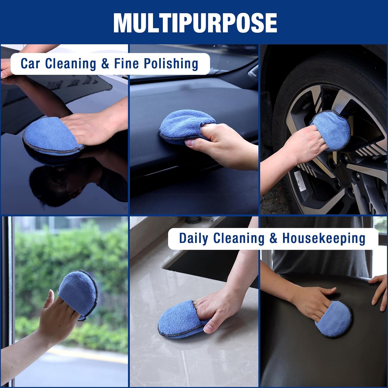 Blue microfiber applicator pad for car cleaning and fine polishing, held in hand.