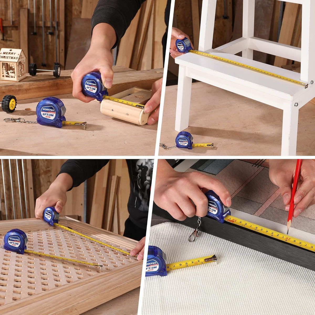 Blue mini tape measure keychain used to measure wood planks and boards during installation