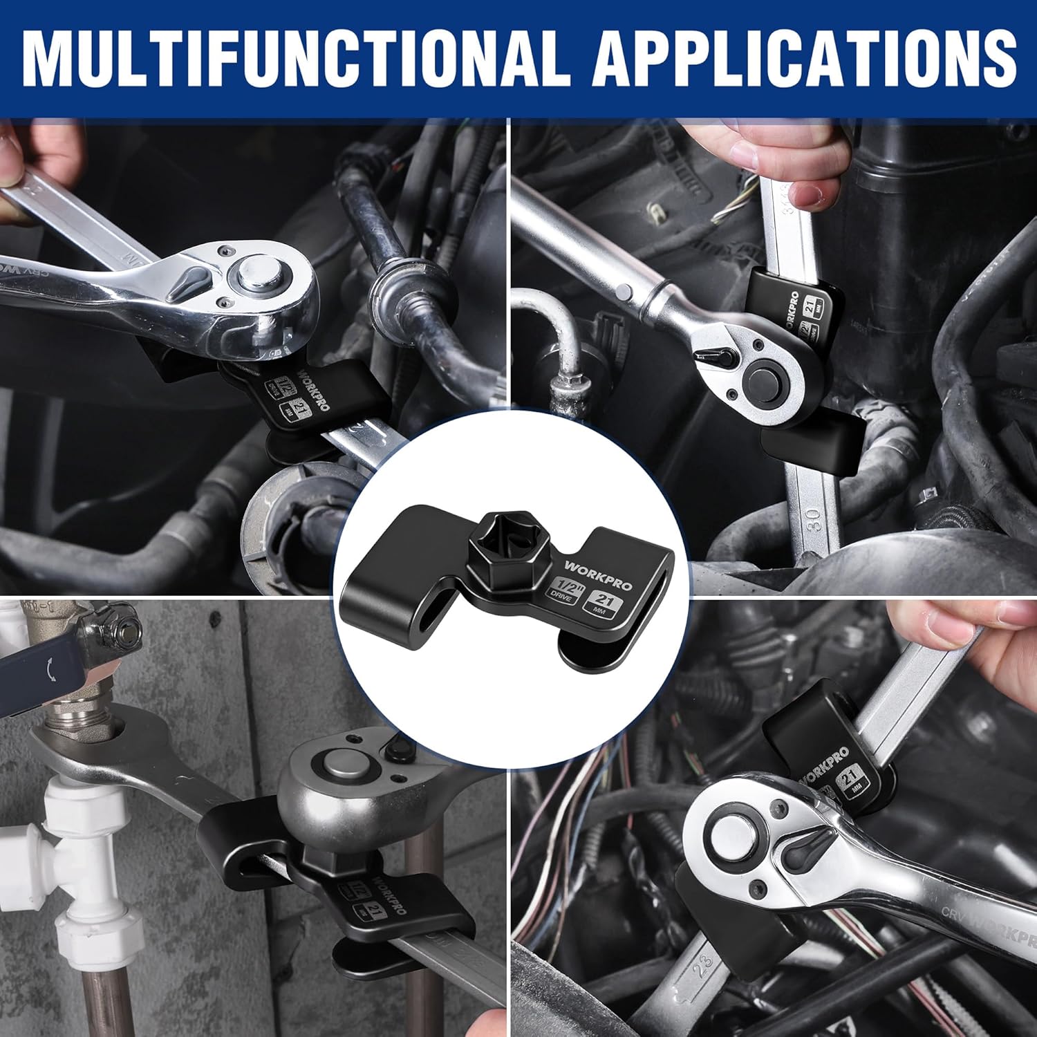 WORKPRO multifunction wrench extender adapter, 1/2 in drive and 21 mm hex socket.