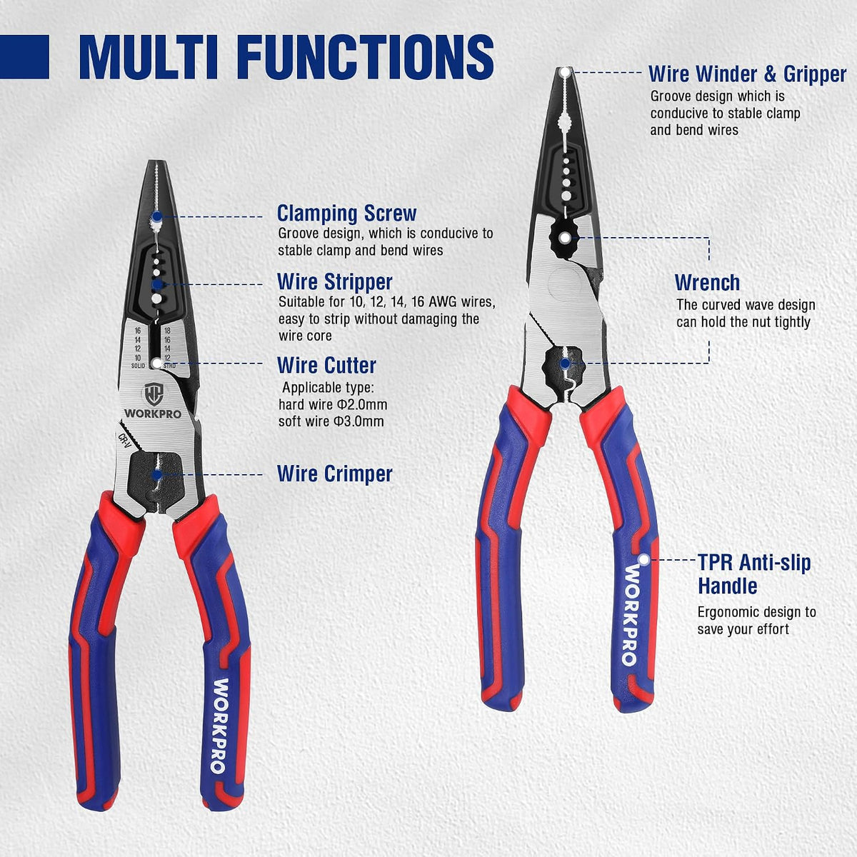 WORKPRO 6-in-1 Needle Nose Pliers, 8 Inch Multipurpose Long Nose Pliers with Wire Stripper/Crimper/Cutter Function, Premium Heavy-Duty CRV Steel Hand Tool Plier for Home, Crafts