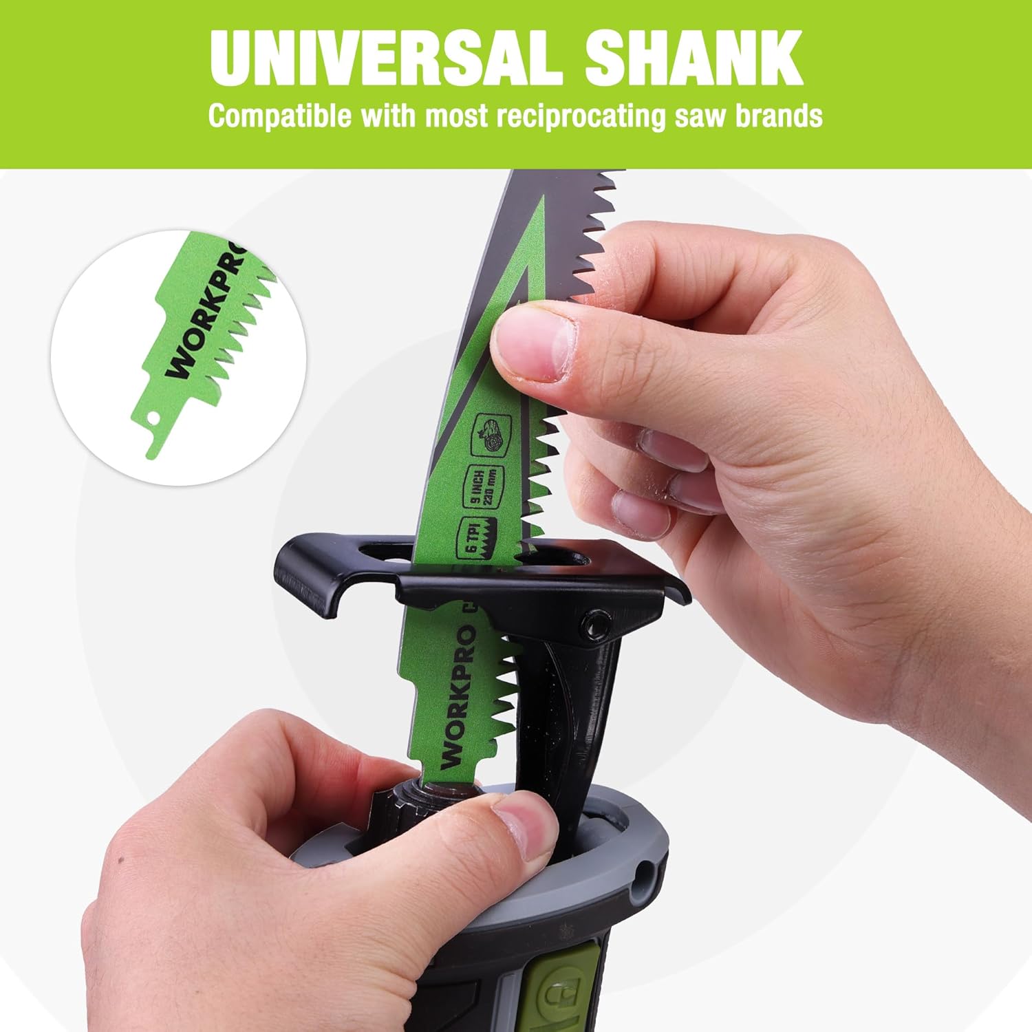 Universal shank reciprocating saw blade held in a tool clamp by a hand