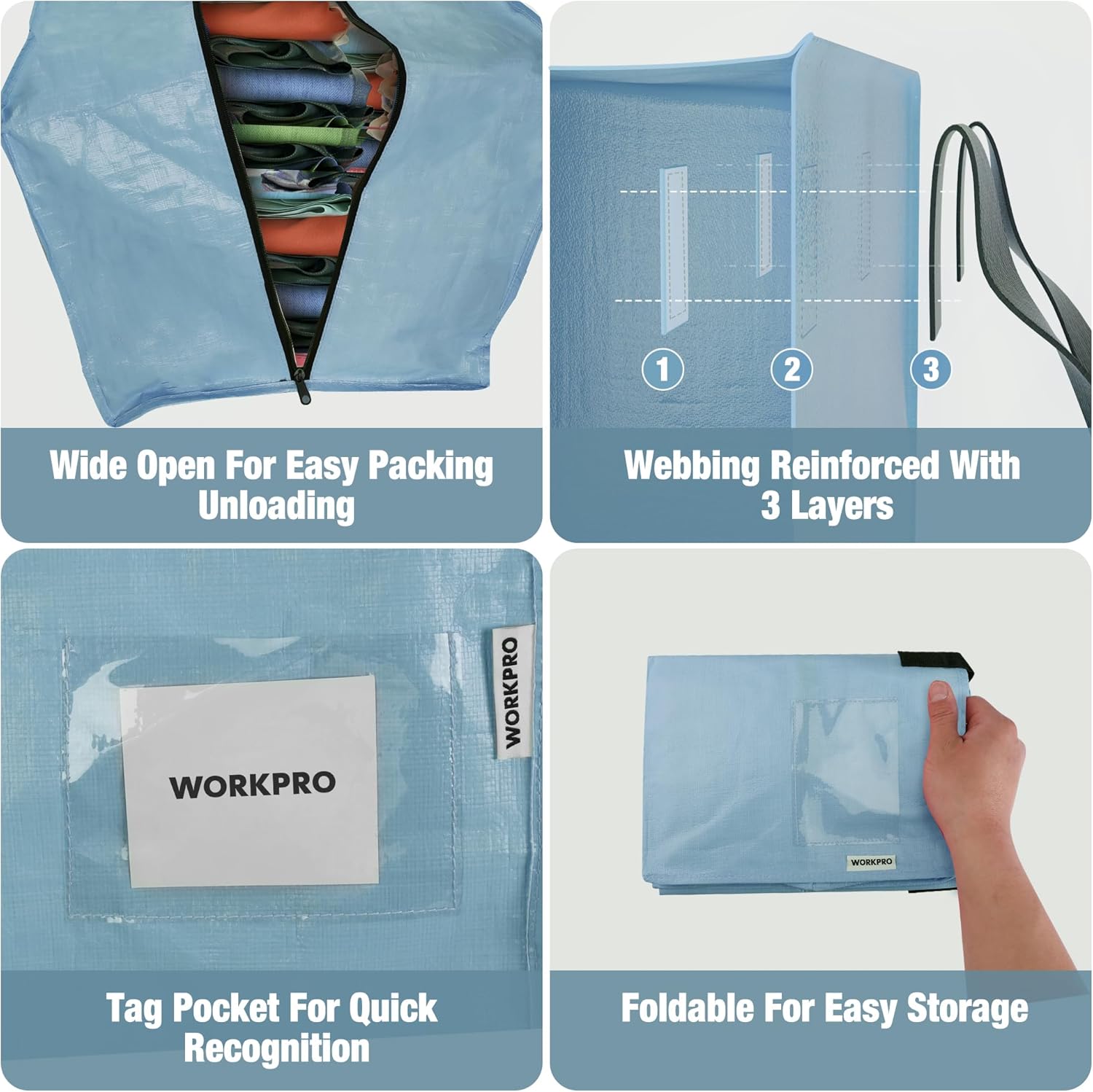 Dusty blue zippered moving bag with wide open top, tag pocket, and fold-flat design