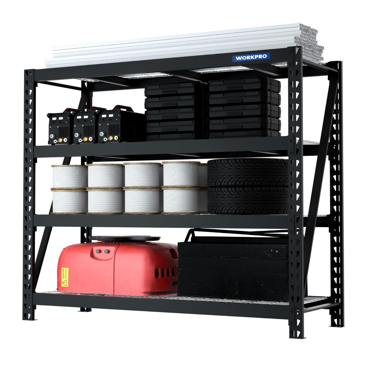 Black 4-tier metal garage shelving unit with reinforced frame and stored containers