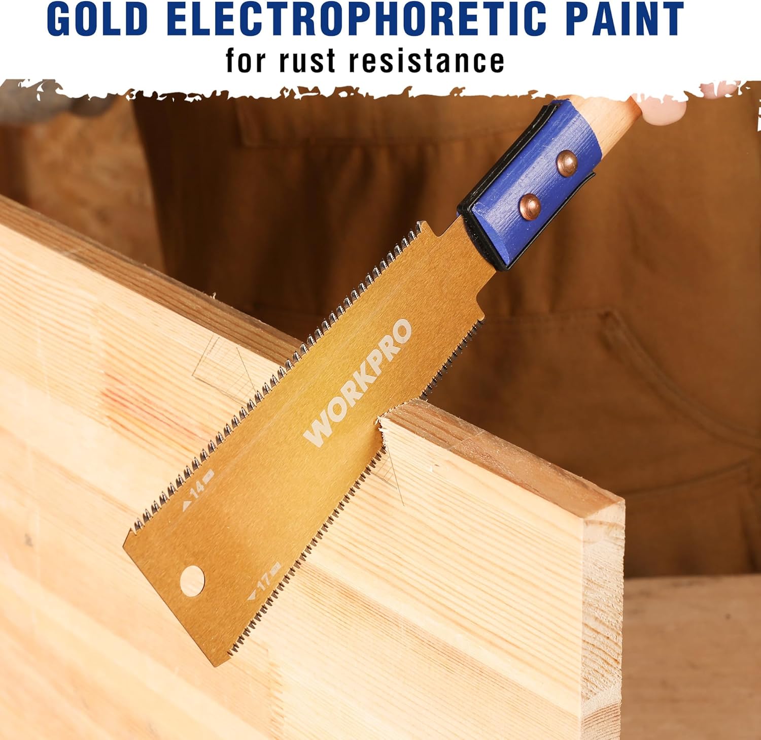 Japanese pull saw with gold blade and blue beech handle; anti-rust coated surface
