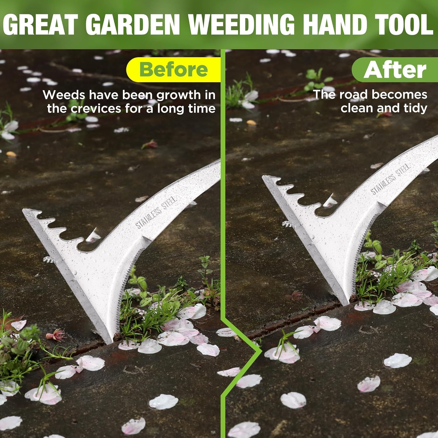L-shaped weed weeder tool with stainless steel blade, sharp teeth for paving cracks