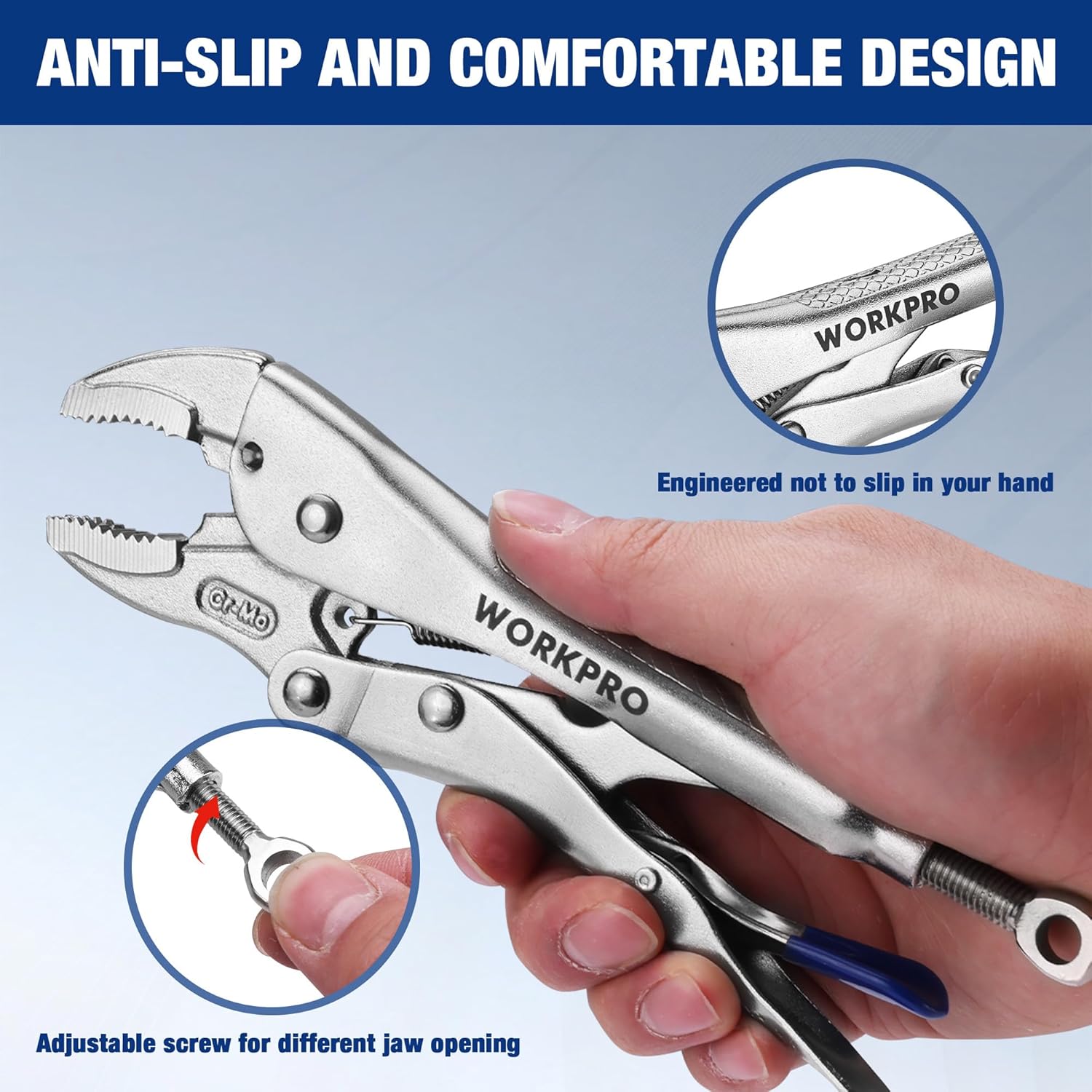 WORKPRO locking pliers with anti-slip design, adjustable screw, and blue release lever