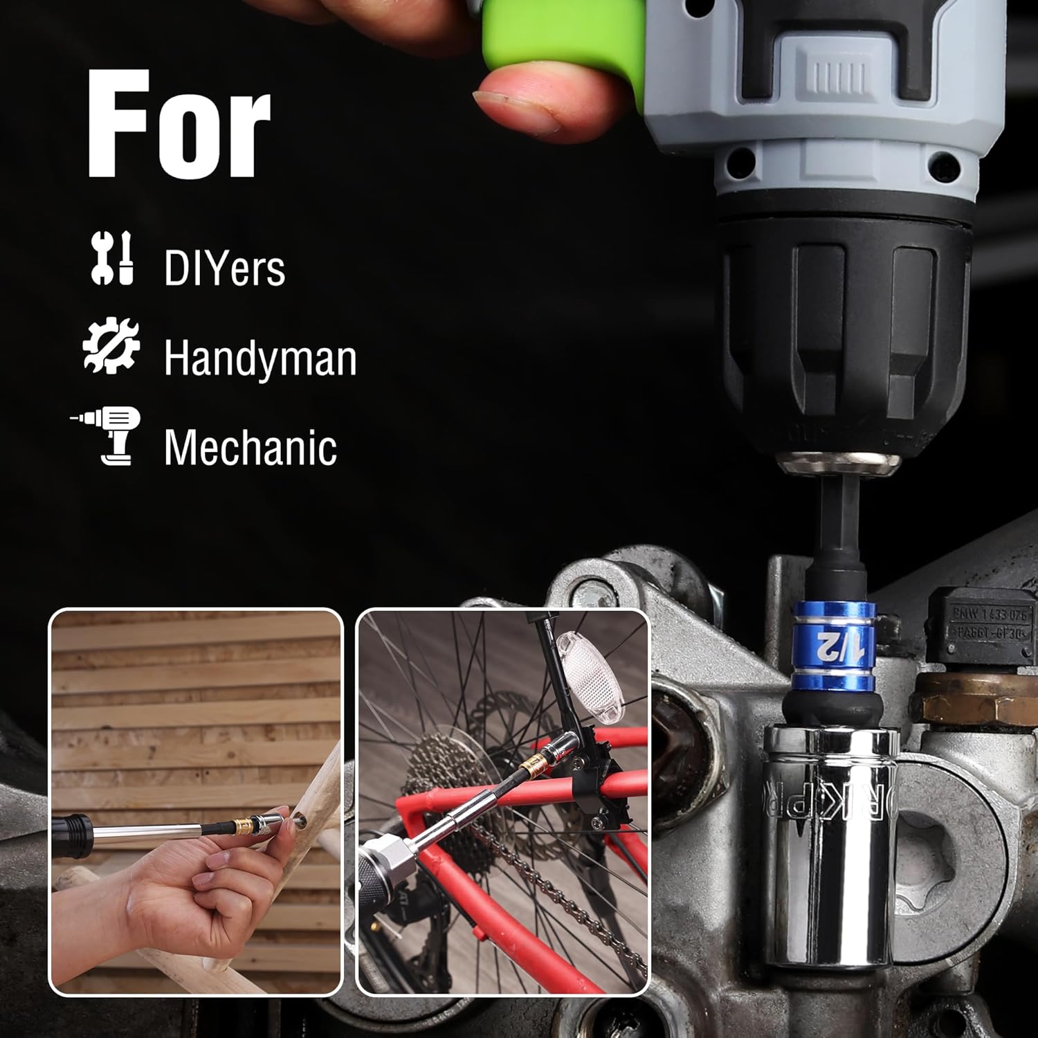 WORKPRO socket adapter set with 1/4-inch hex shank attached to a drill