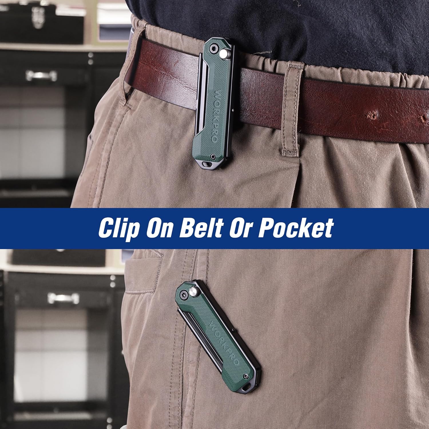 WORKPRO folding knife clipped to brown pants pocket with green handle